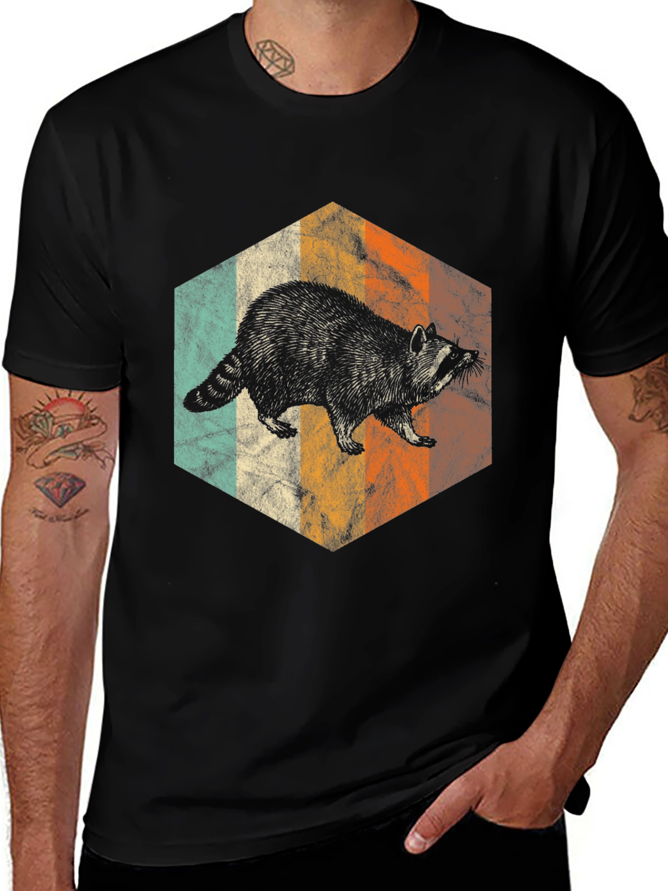 Variant 20 of Retro Raccoon Hexagon Graphic Tee
