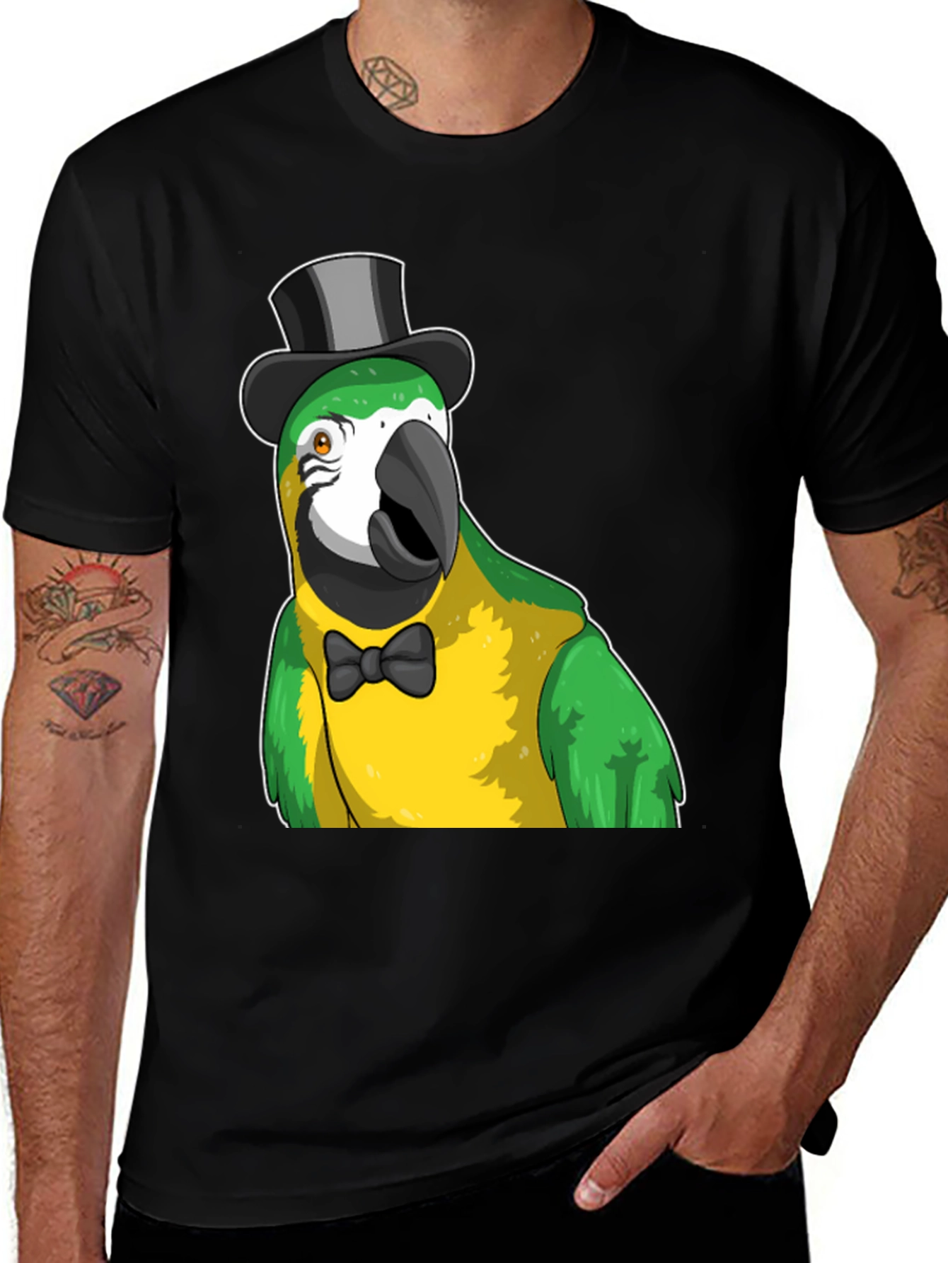 Variant 26 of Parrot Top Hat Graphic Tee - Mens Black T-Shirt