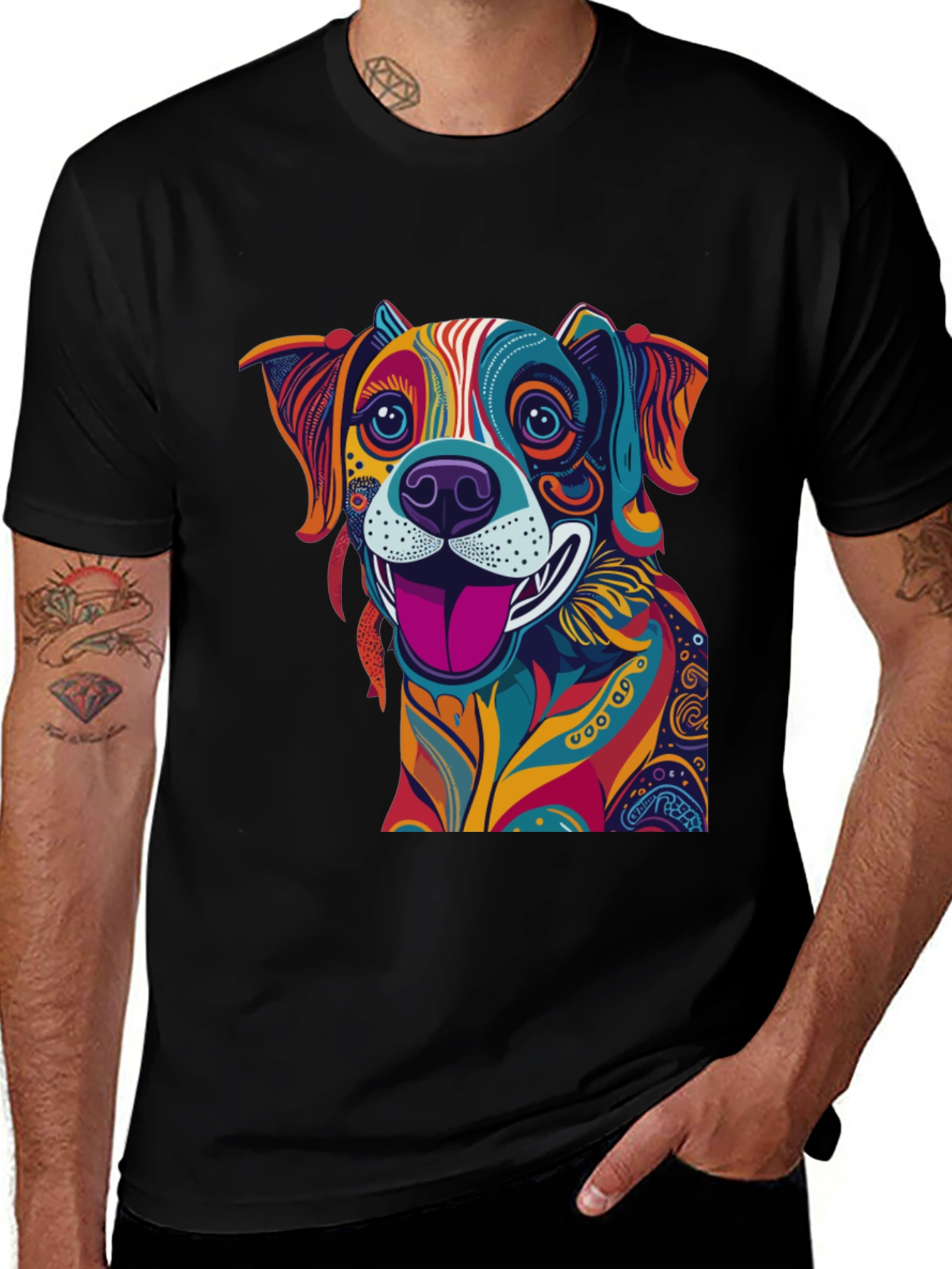 Variant 24 of Colorful Dog Graphic Black T-Shirt