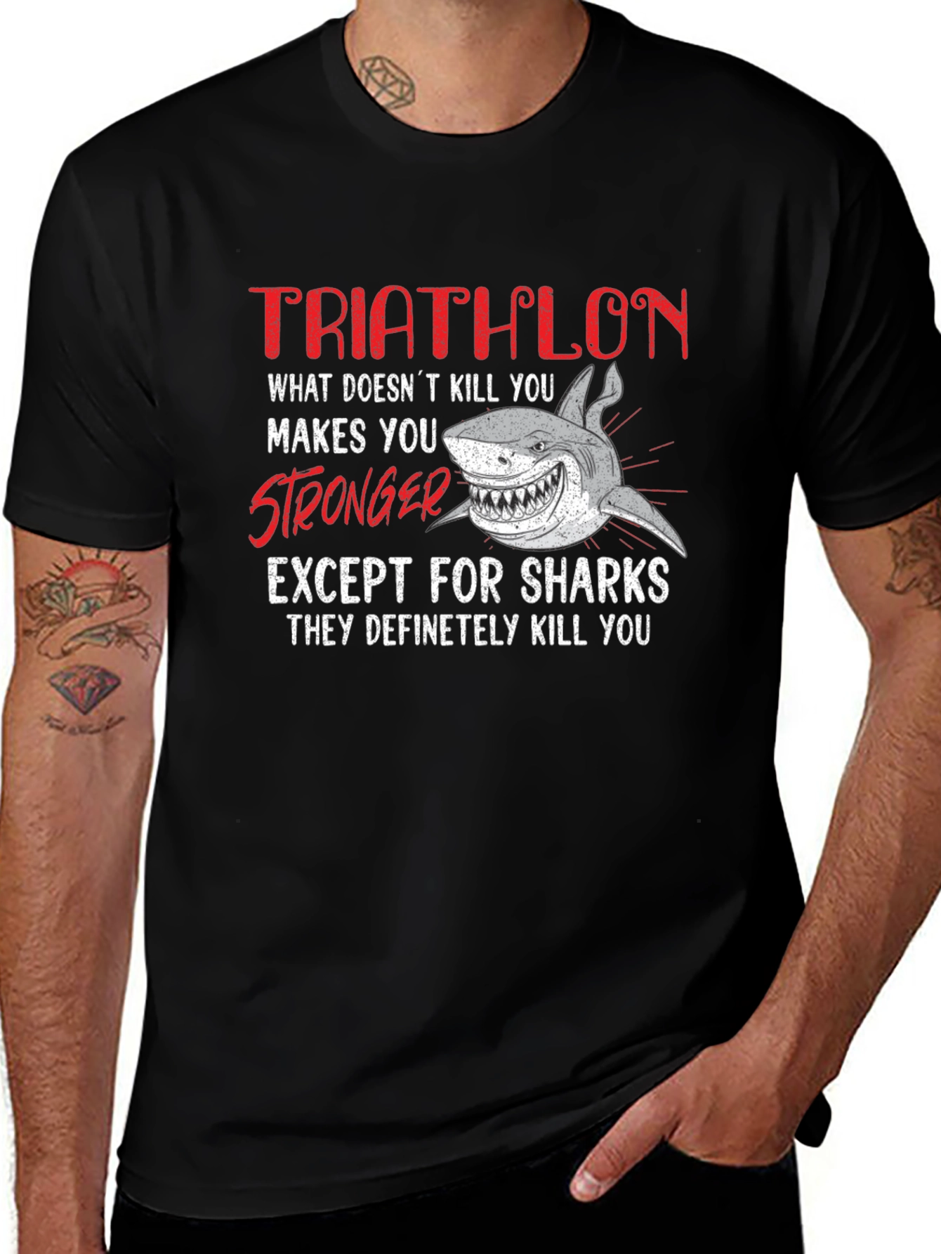 Variant 23 of Triathlon Shark Graphic Tee -  Stronger Except for Sharks