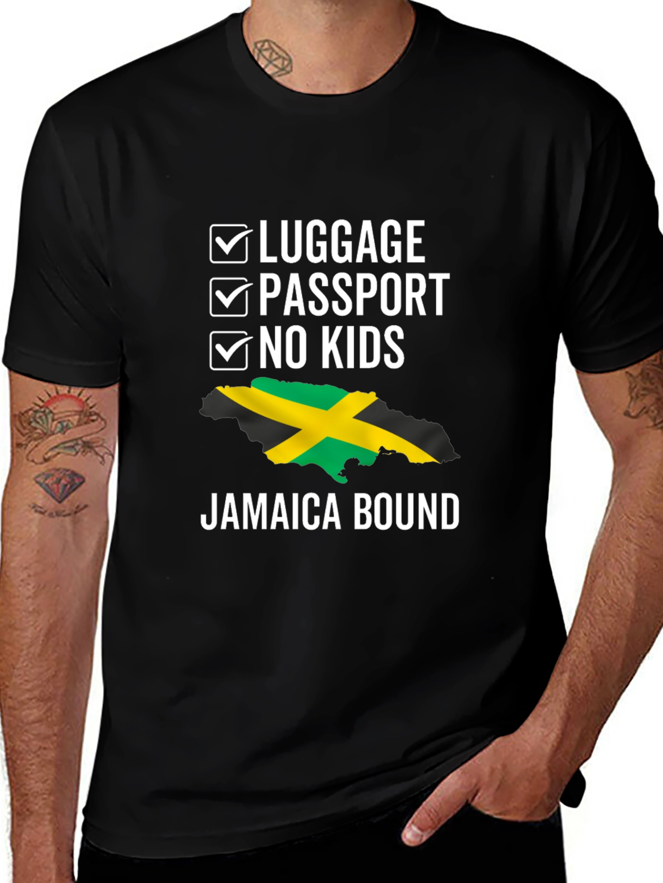 Jamaica Bound T-Shirt: Luggage, Passport, No Kids Vacation Tee