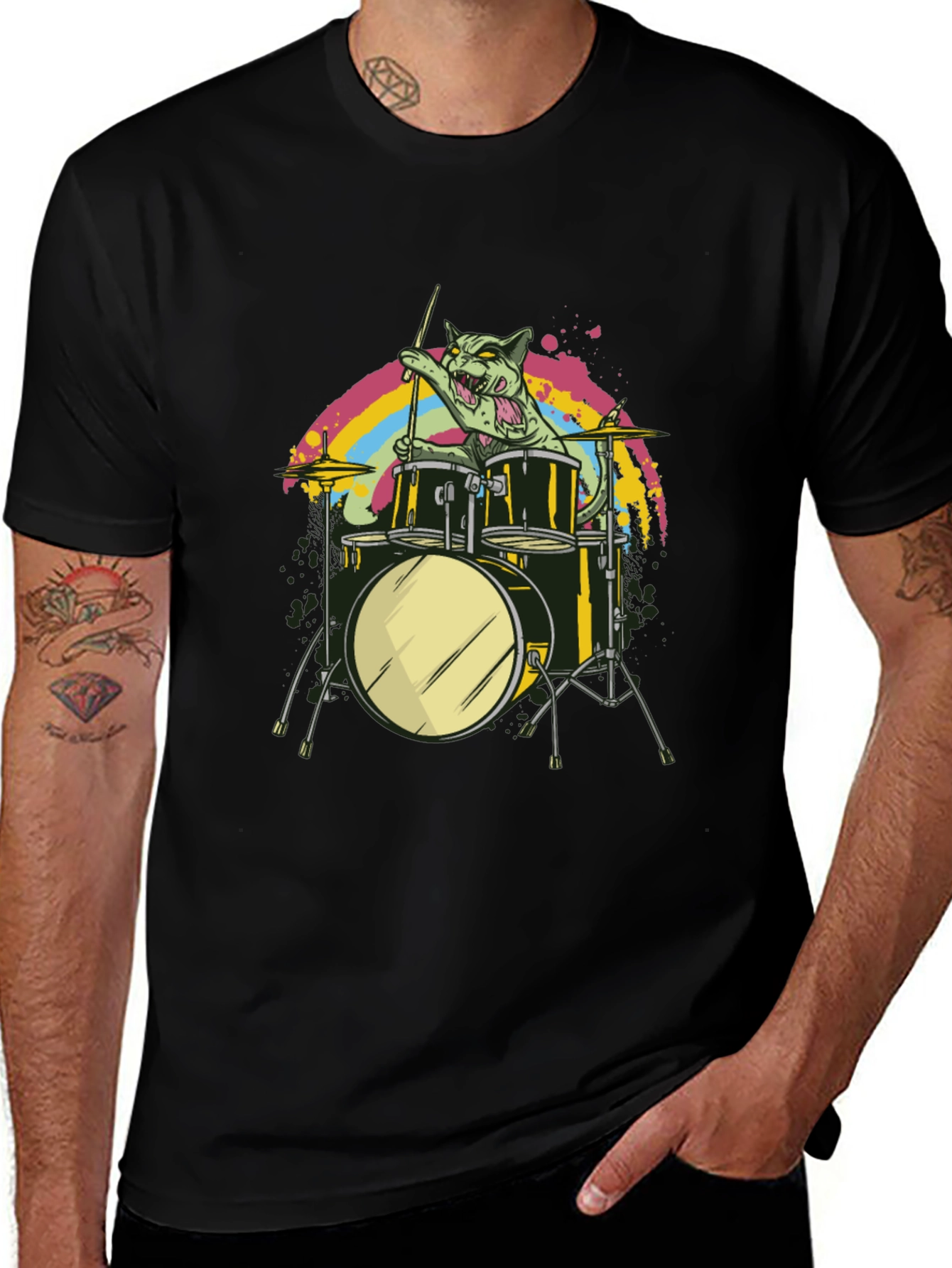 Variant 8 of Cat Drummer Black T-Shirt - Rock Out!