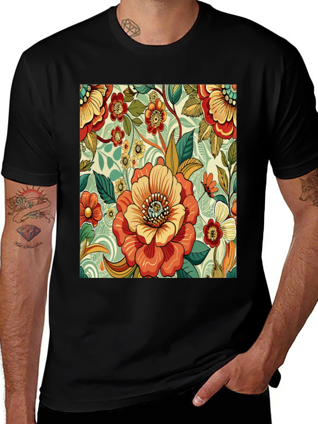 Variant 23 of Floral Pattern Print Black T-Shirt