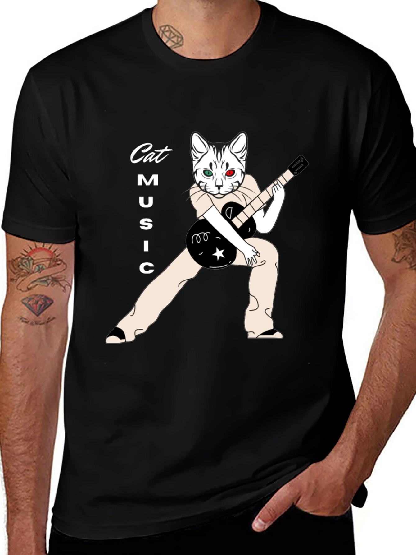 Variant 17 of Cat Music T-Shirt - Black Graphic Tee