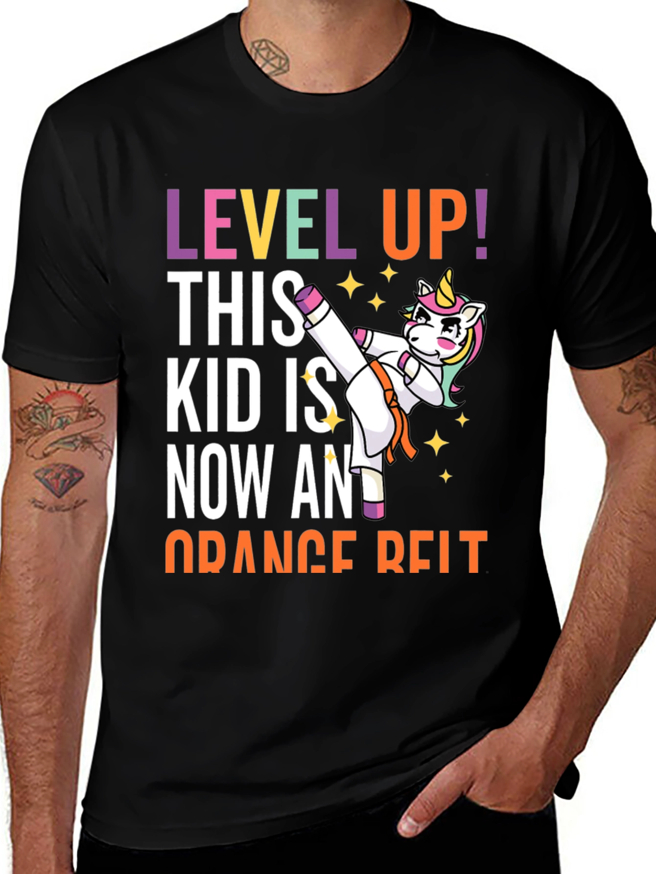 Variant 11 of Level Up! Orange Belt Unicorn Martial Arts T-Shirt
