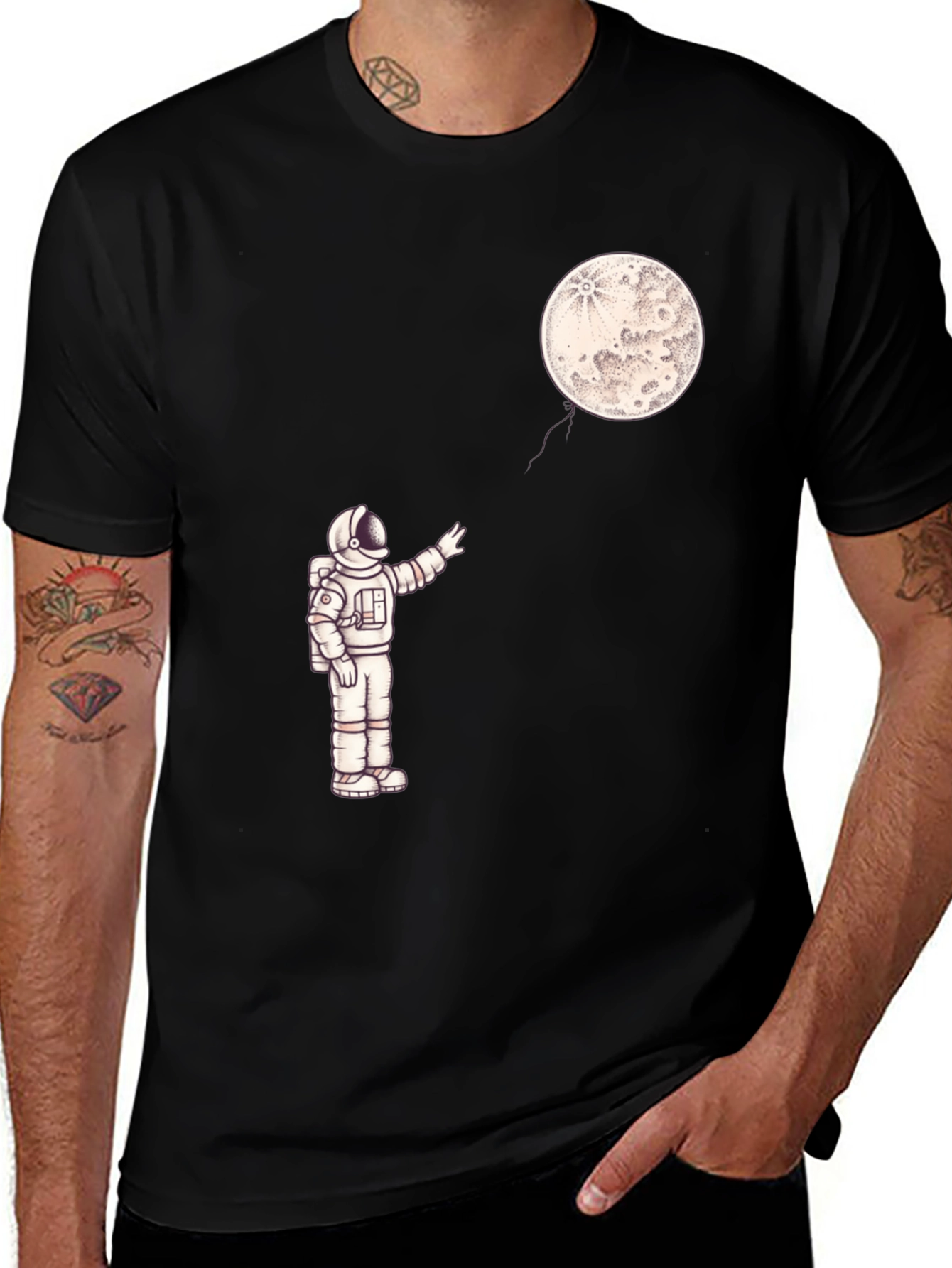 Astronaut and Moon Graphic Tee - Black Cotton T-Shirt