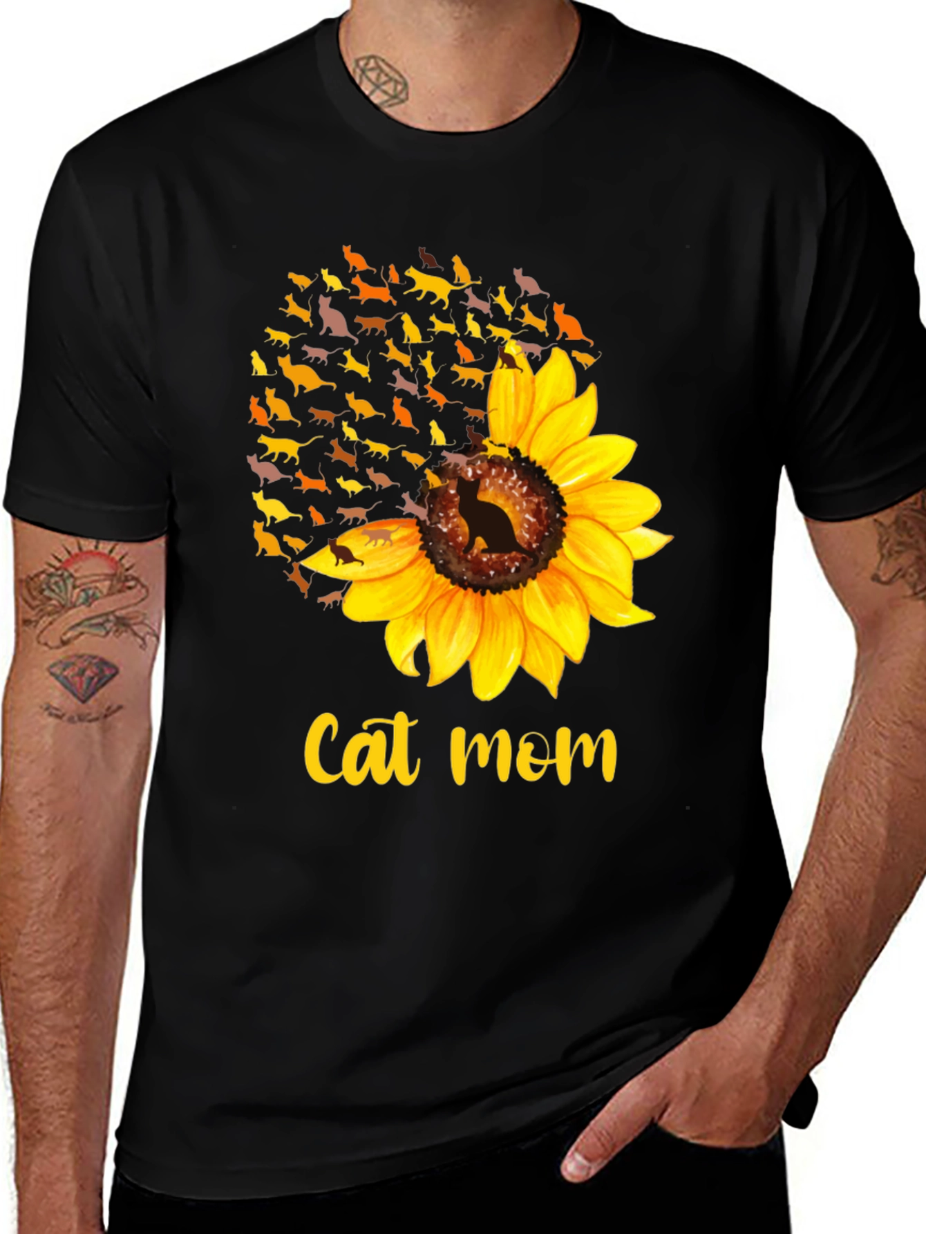 Variant 18 of Cat Mom Sunflower Graphic Tee - Black