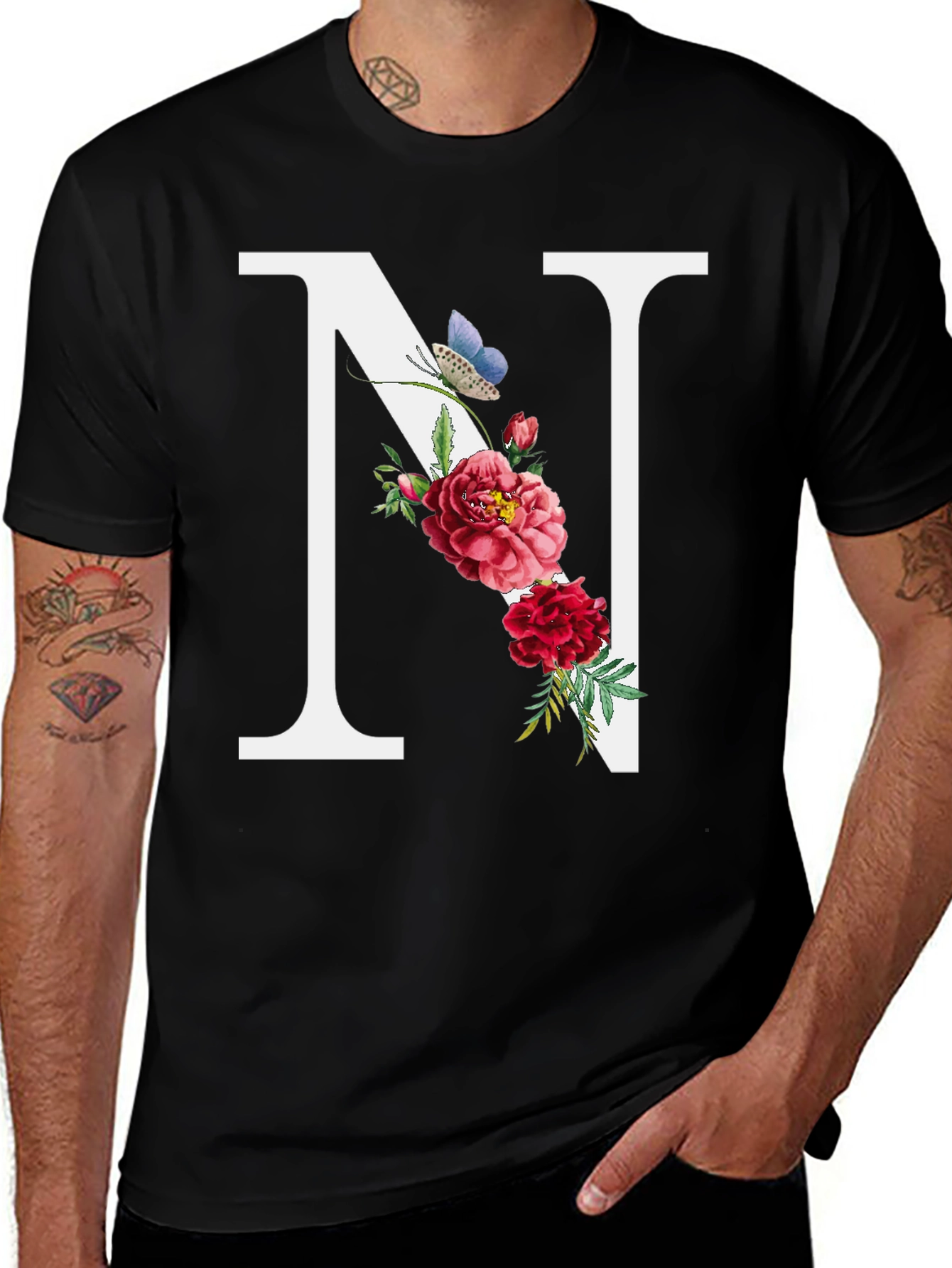 Floral Letter N Black T-Shirt