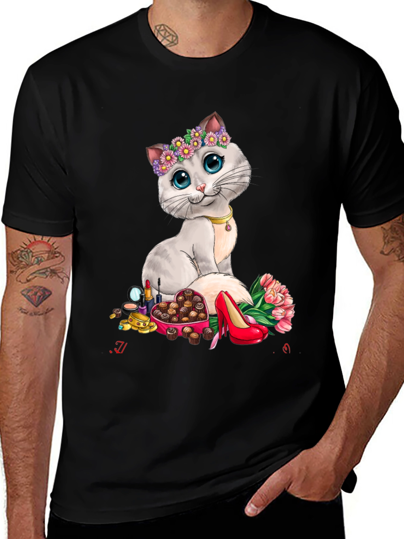 Cat Lover T-Shirt with Floral Crown & Shoe Design
