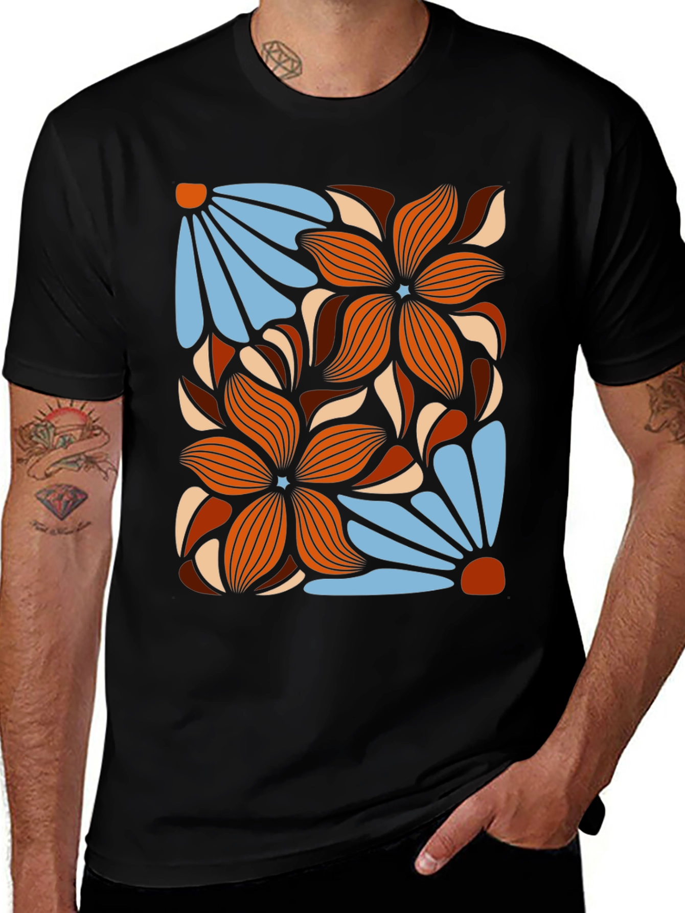 Variant 14 of Retro Floral Graphic T-Shirt - Black Cotton Tee