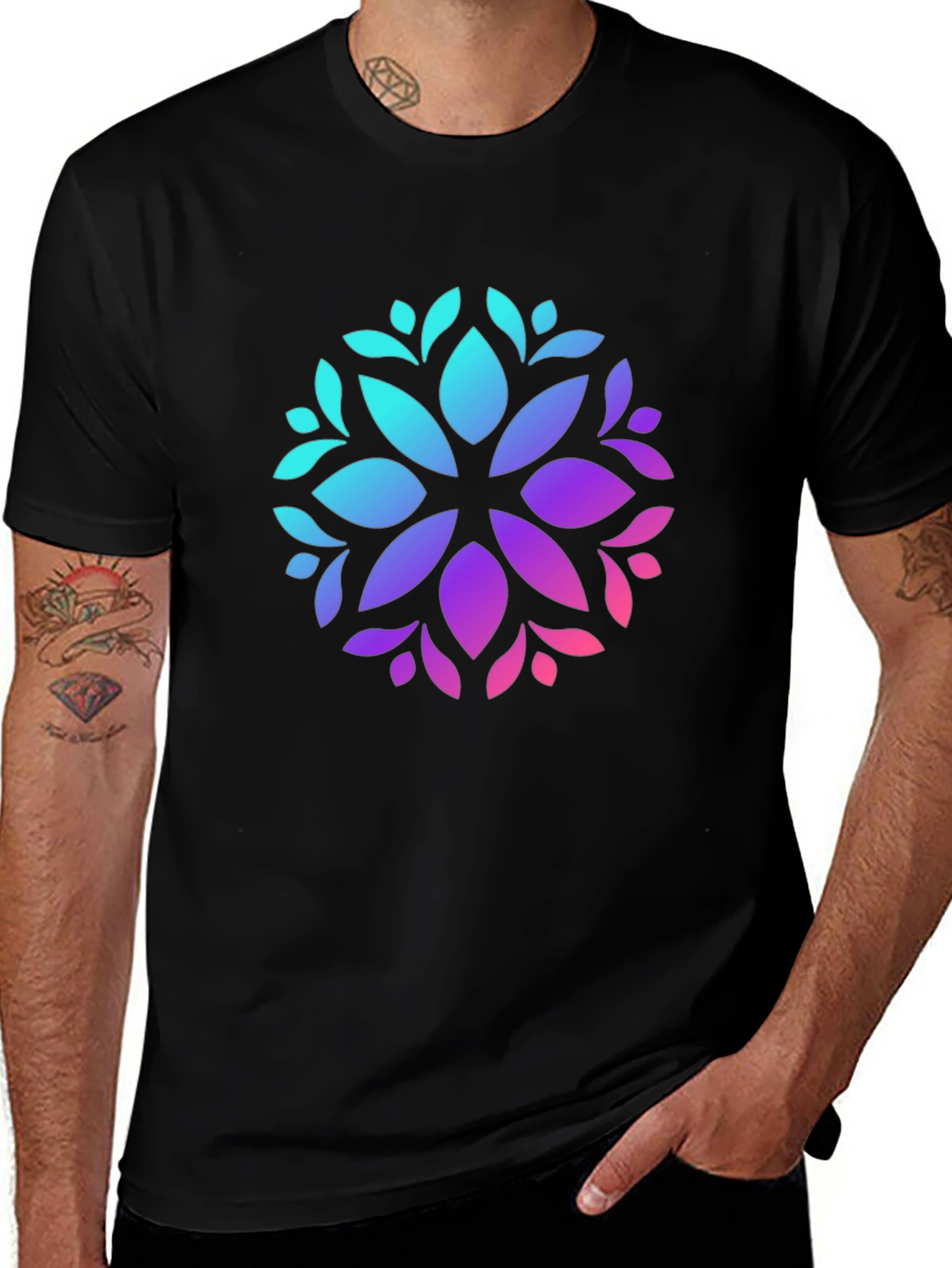 Variant 22 of Stylish Black T-Shirt with Vibrant Floral Mandala Design