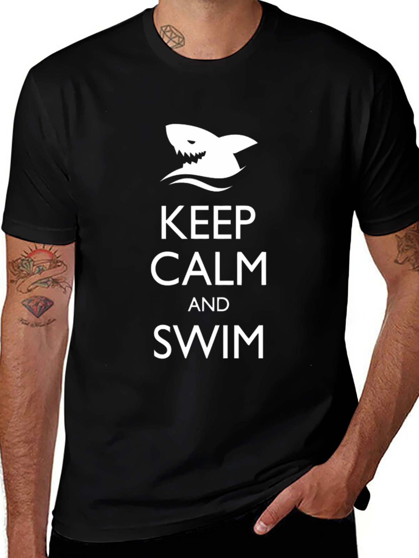 Variant 30 of Keep Calm and Swim Shark Black Graphic T-Shirt