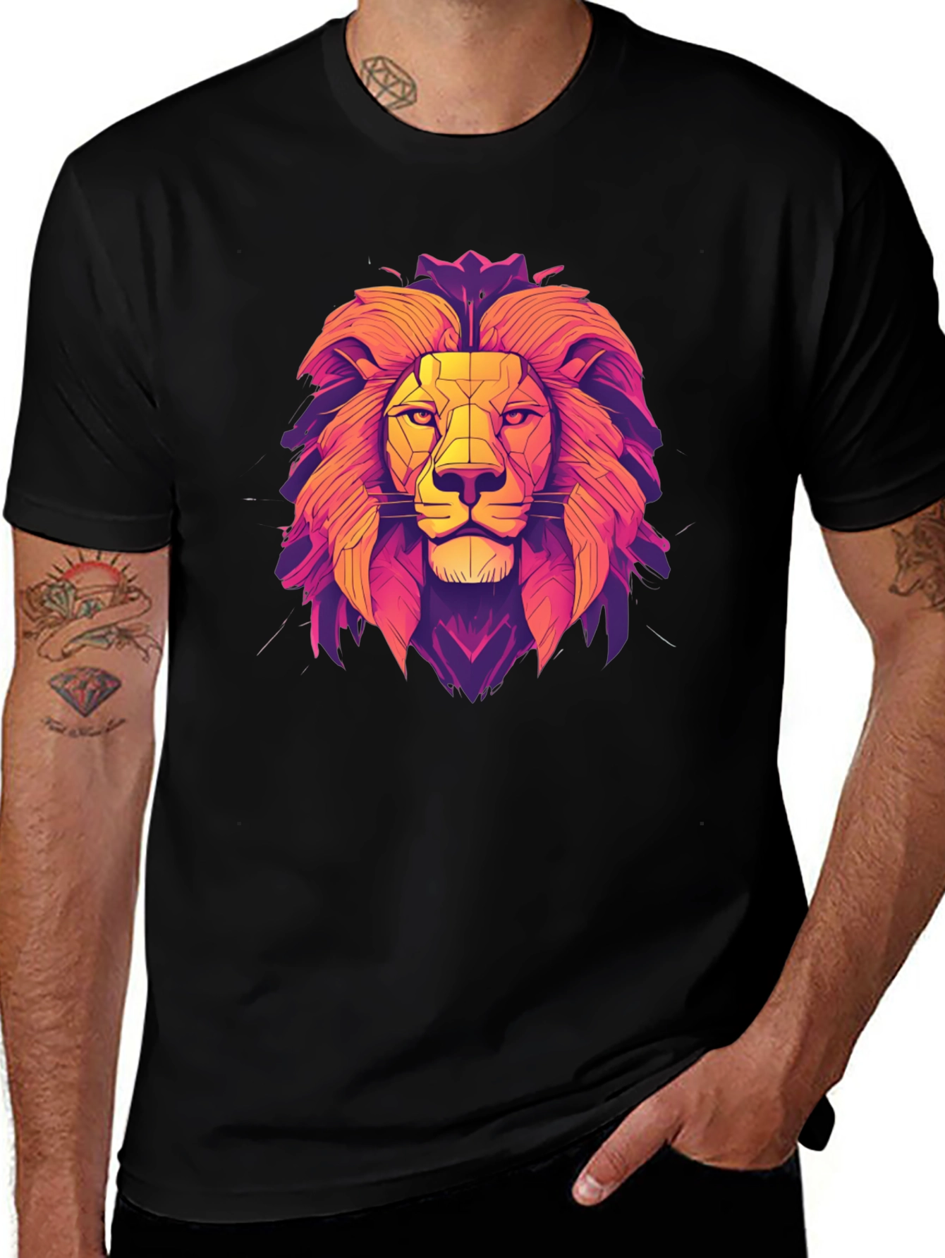 Variant 20 of Lion Geometric Graphic Print Black T-Shirt