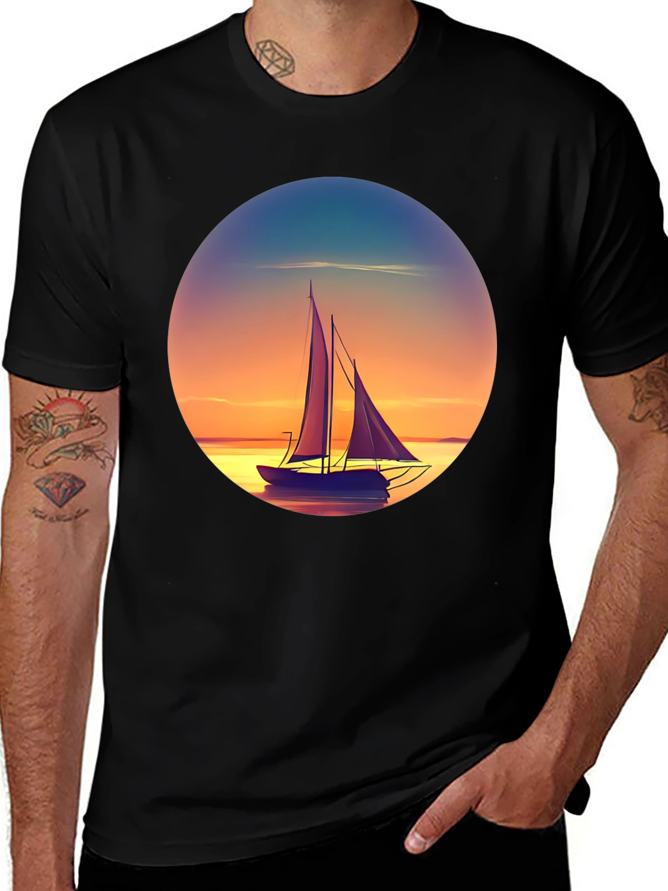 Black Sunset Sailboat Graphic Tee - Relaxed Fit main image