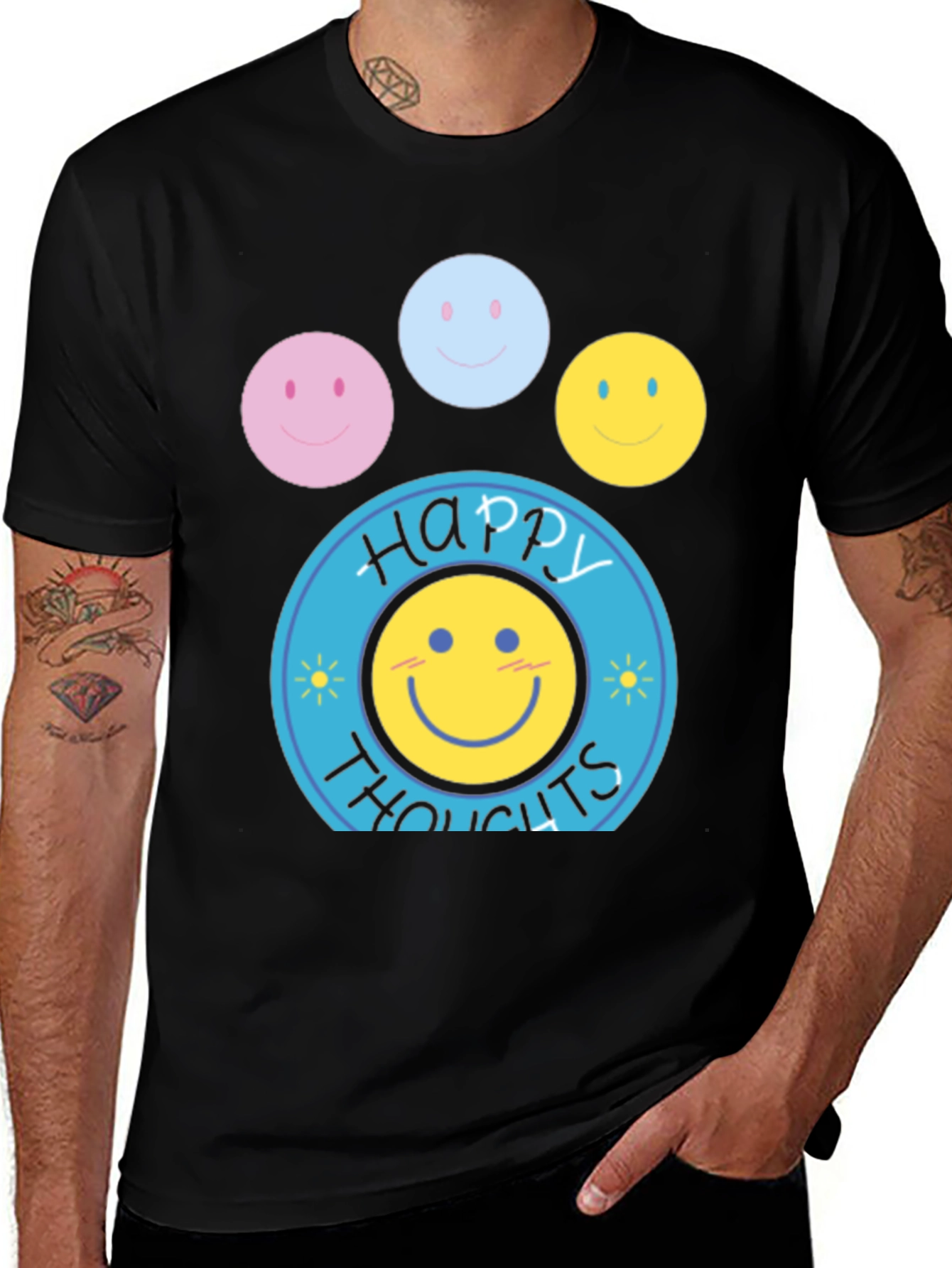 Happy Thoughts Graphic Tee - Round Smiley Face Design