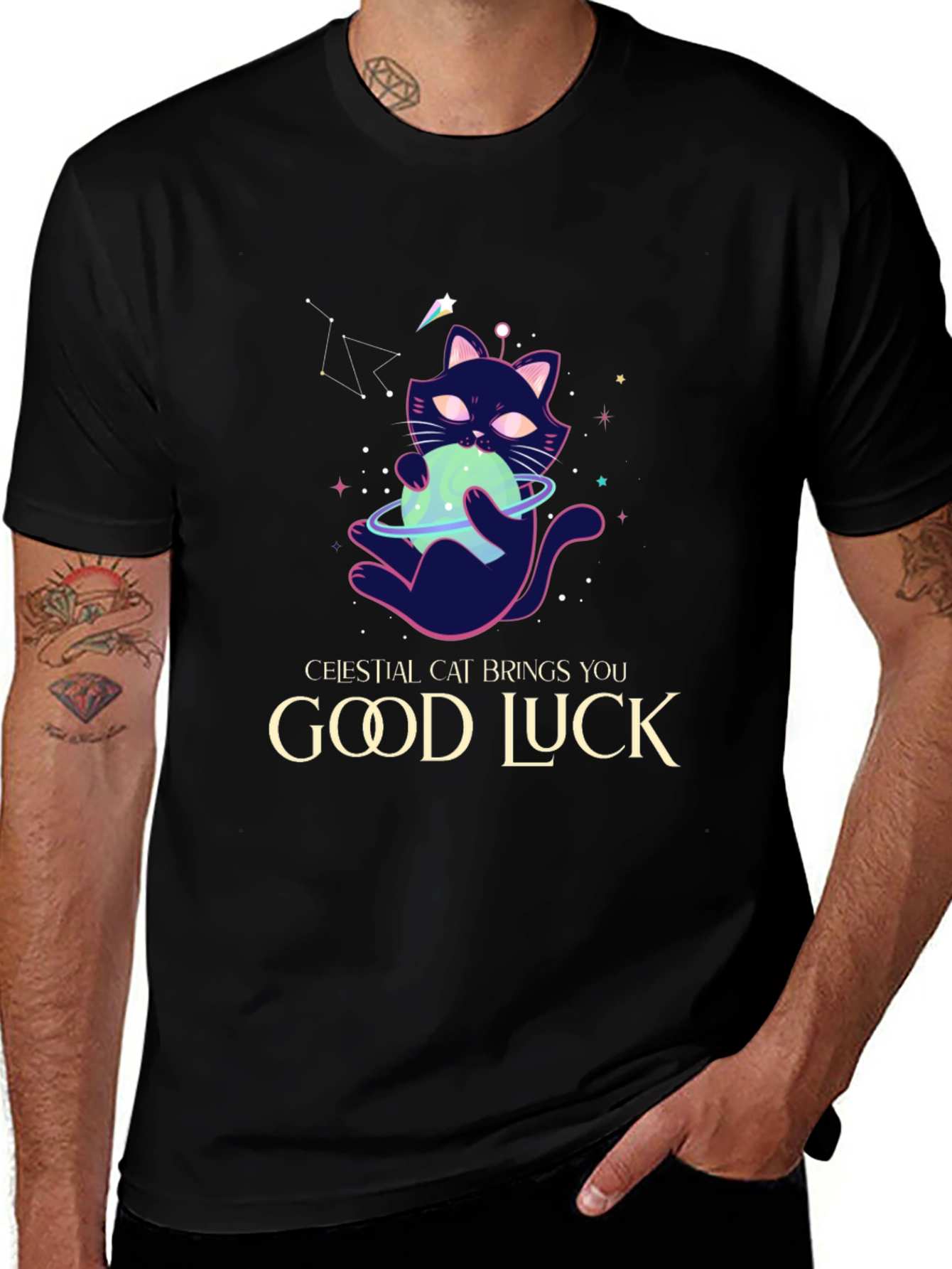 Variant 10 of Celestial Cat Good Luck Graphic Tee - Black