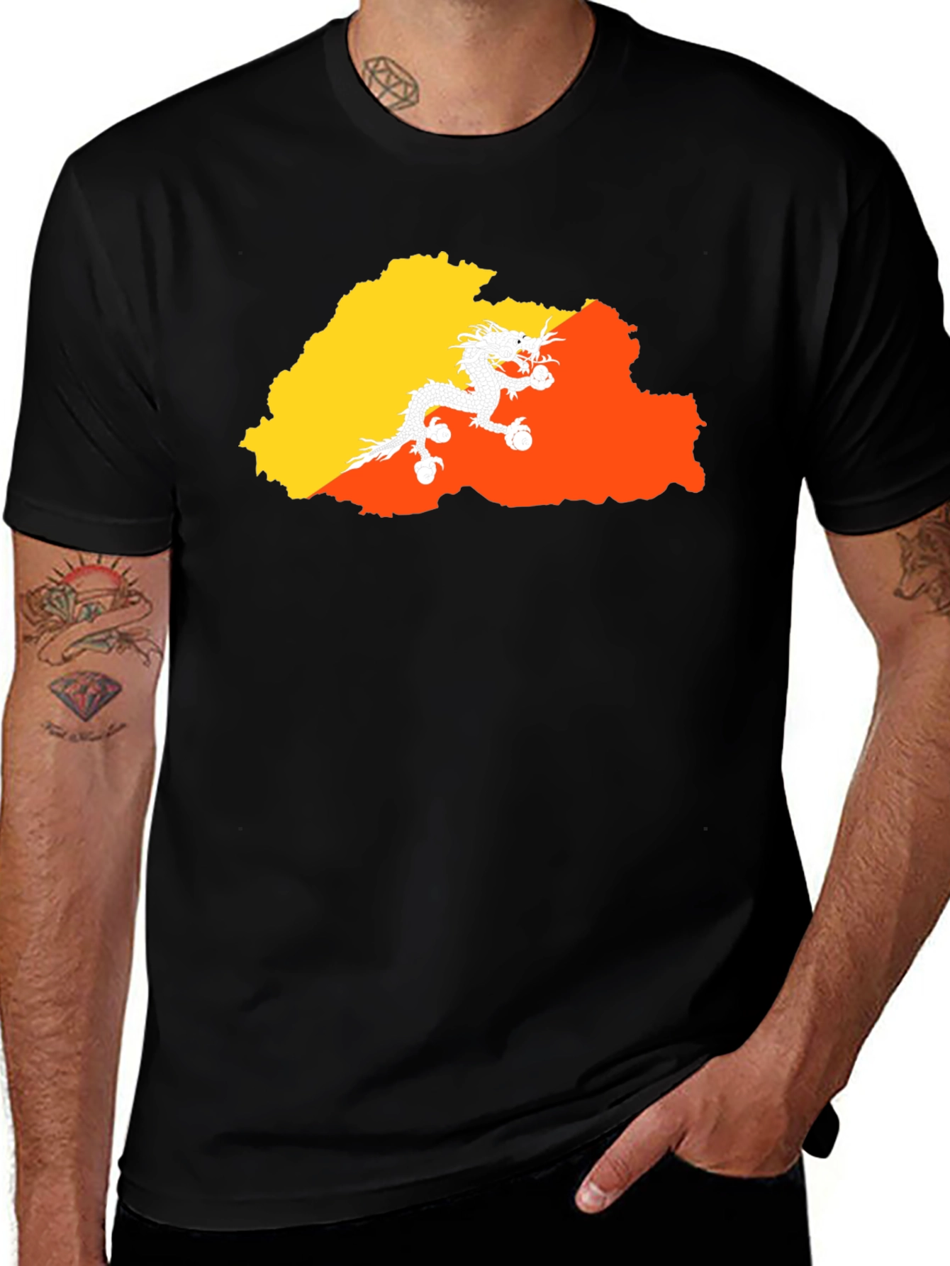 Variant 20 of Bhutan Flag Dragon T-Shirt - Mens Black Tee