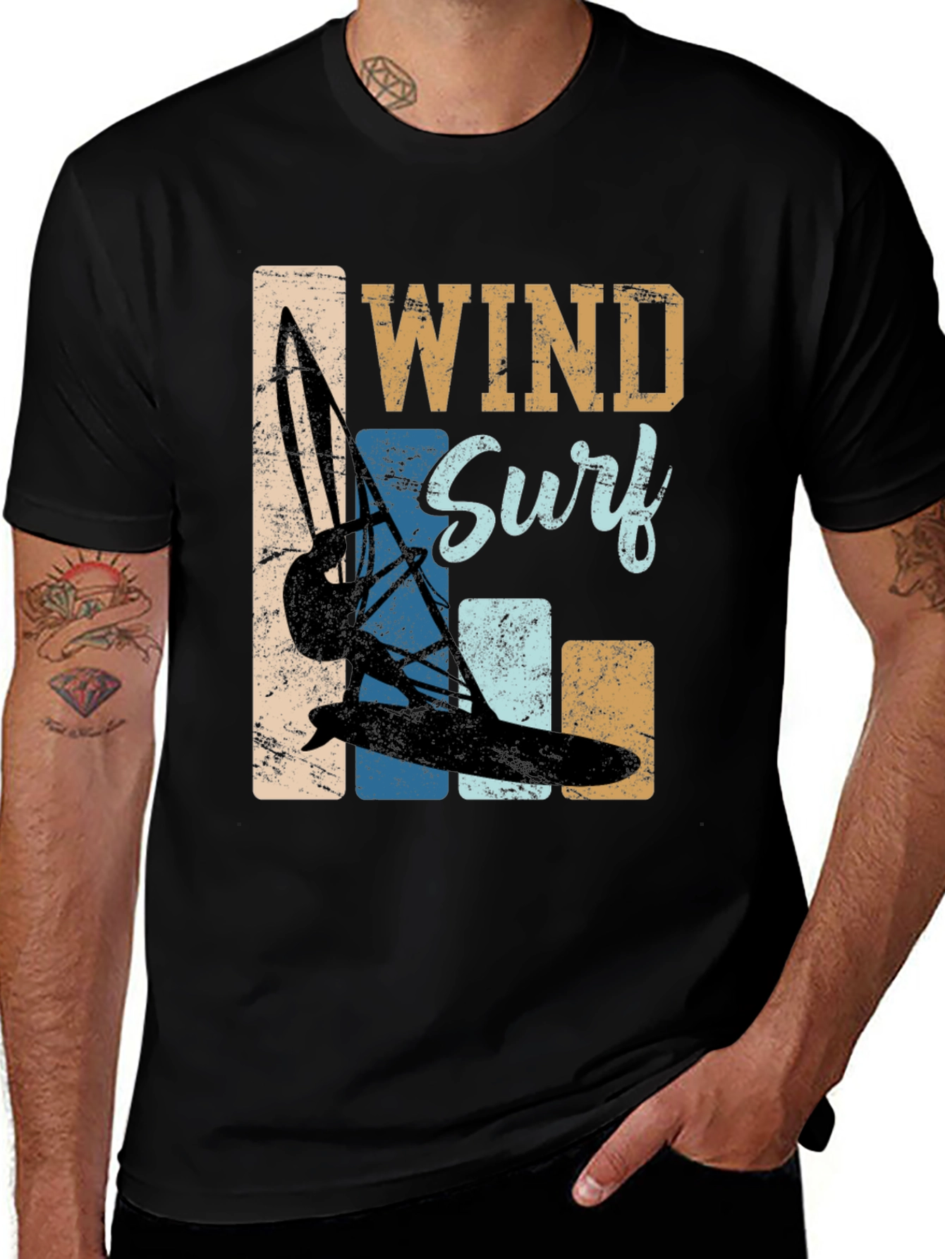 Black Wind Surf Graphic Tee - Retro Water Sports T-Shirt main image