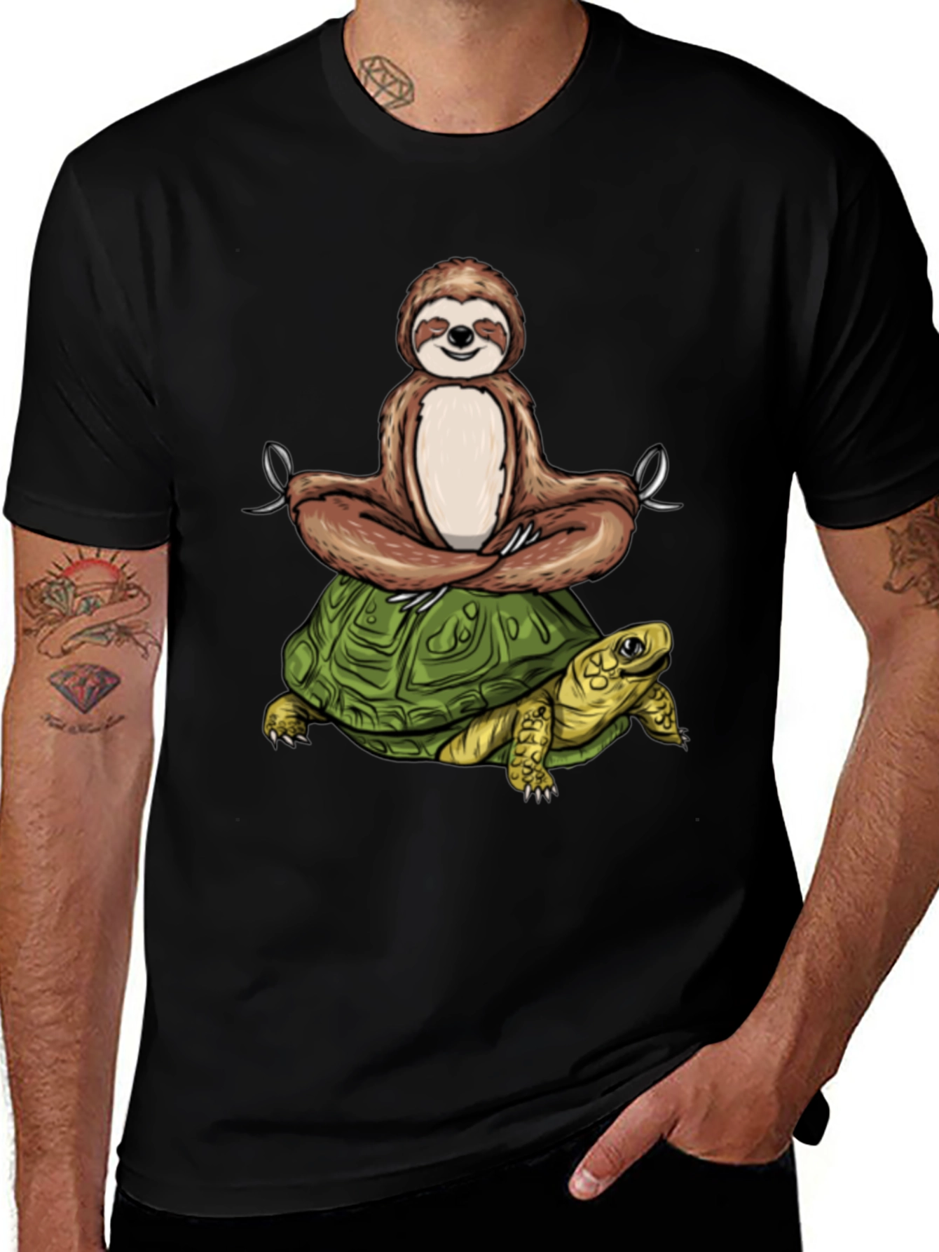 Variant 26 of Sloth Meditating on Turtle Black T-Shirt
