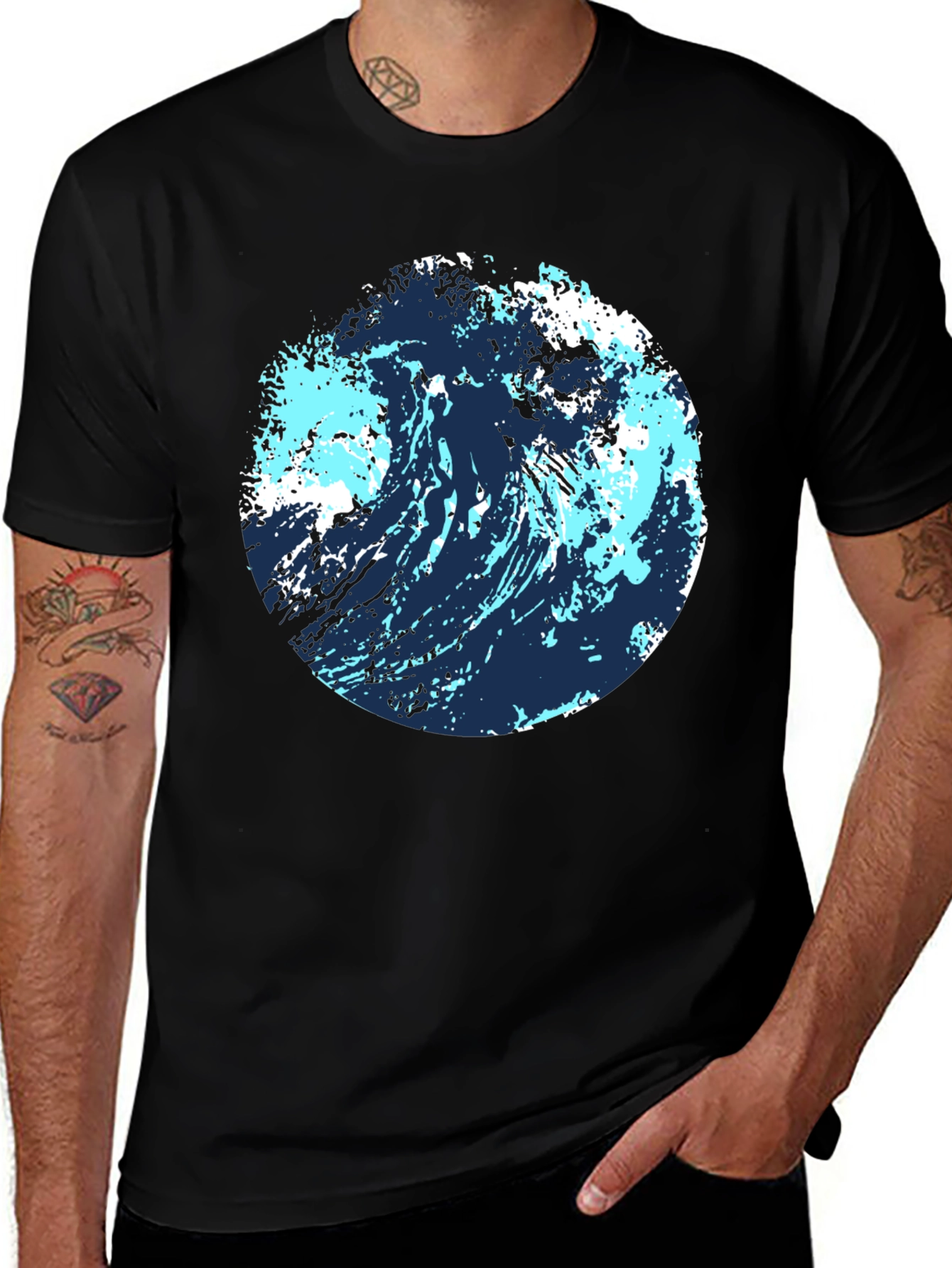 Variant 5 of Abstract Wave Graphic Tee - Black Cotton Blend