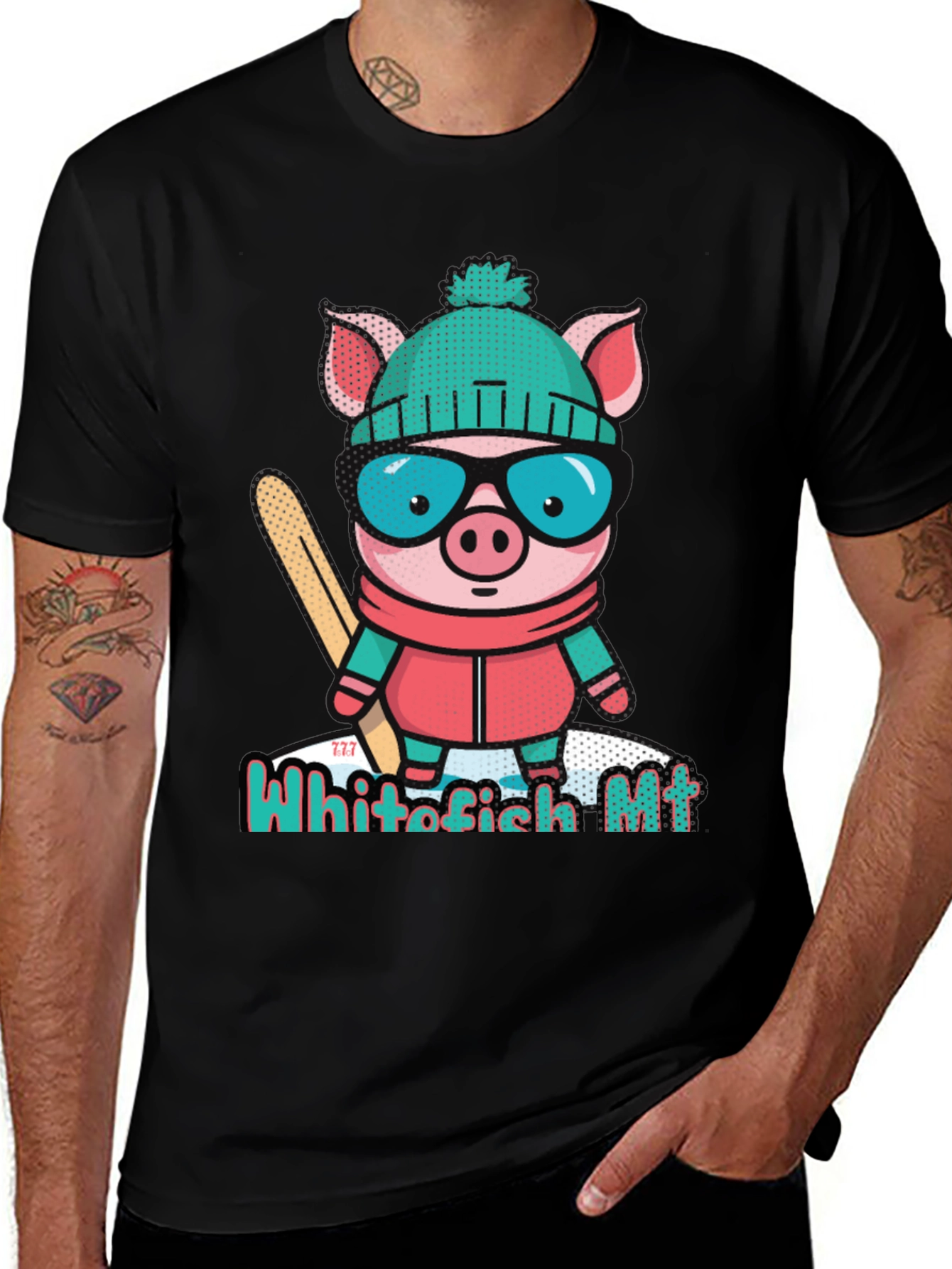 Variant 26 of Whitefish Mt Pig T-Shirt Skiing Winter