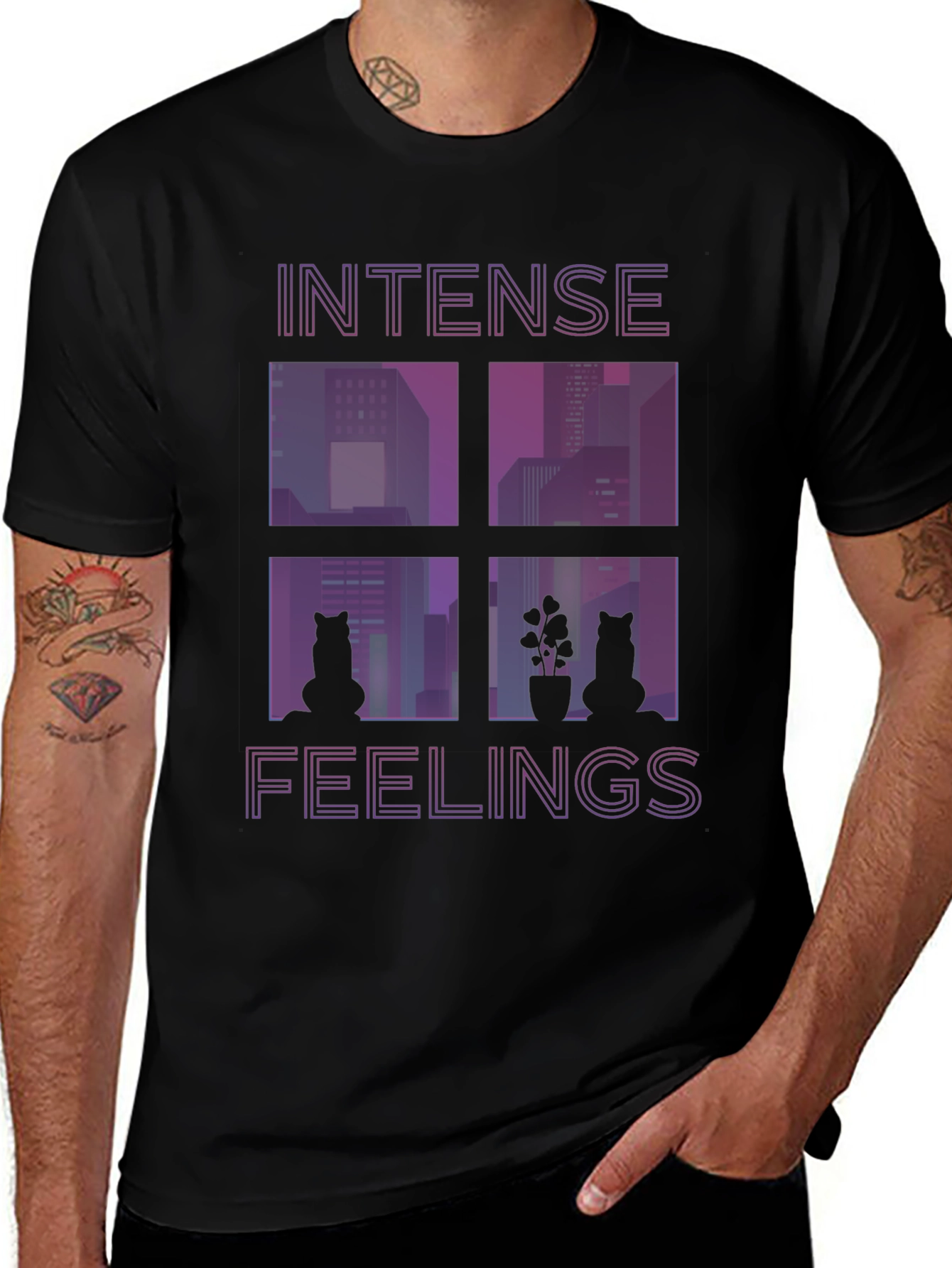 Variant 17 of Intense Feelings Cat Window Black T-Shirt