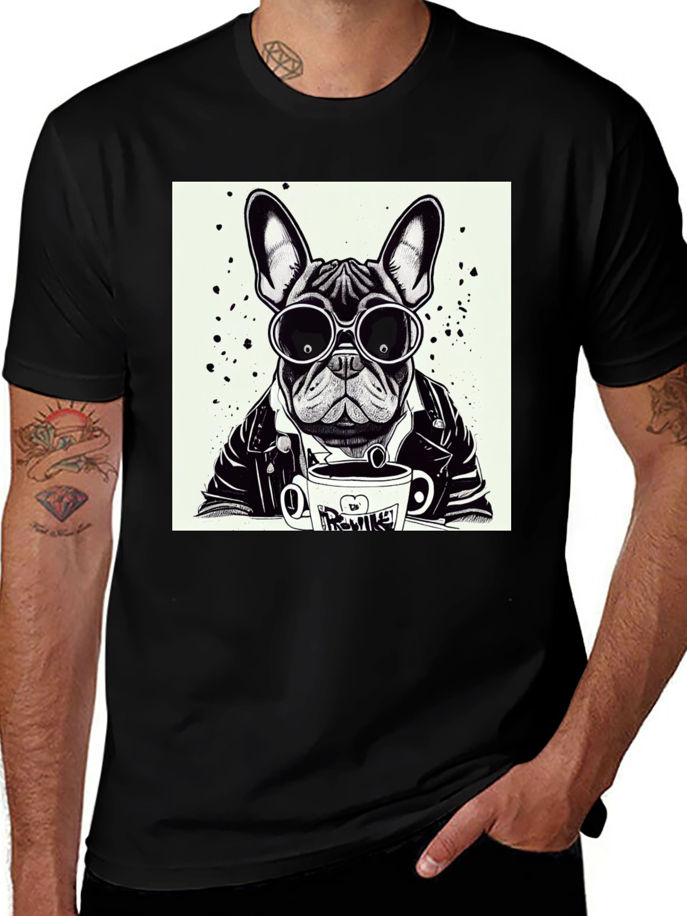 Variant 14 of Cool Dog T-Shirt: Bulldog in Shades Drinking Coffee