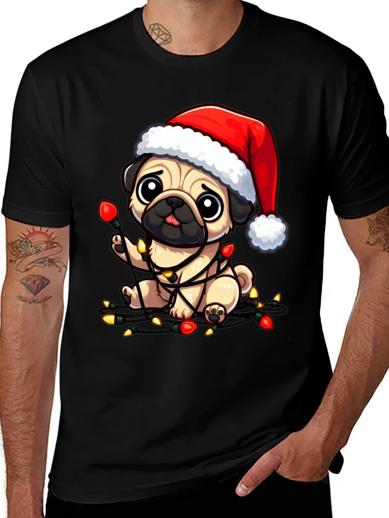 Festive Pug Christmas Lights Graphic Tee