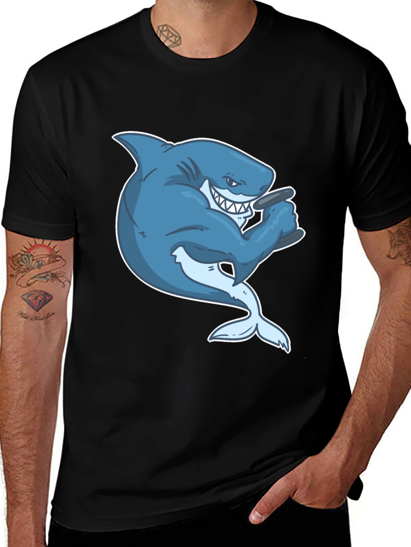 Variant 6 of Shark with Cigar Graphic T-Shirt - Black Cotton Tee