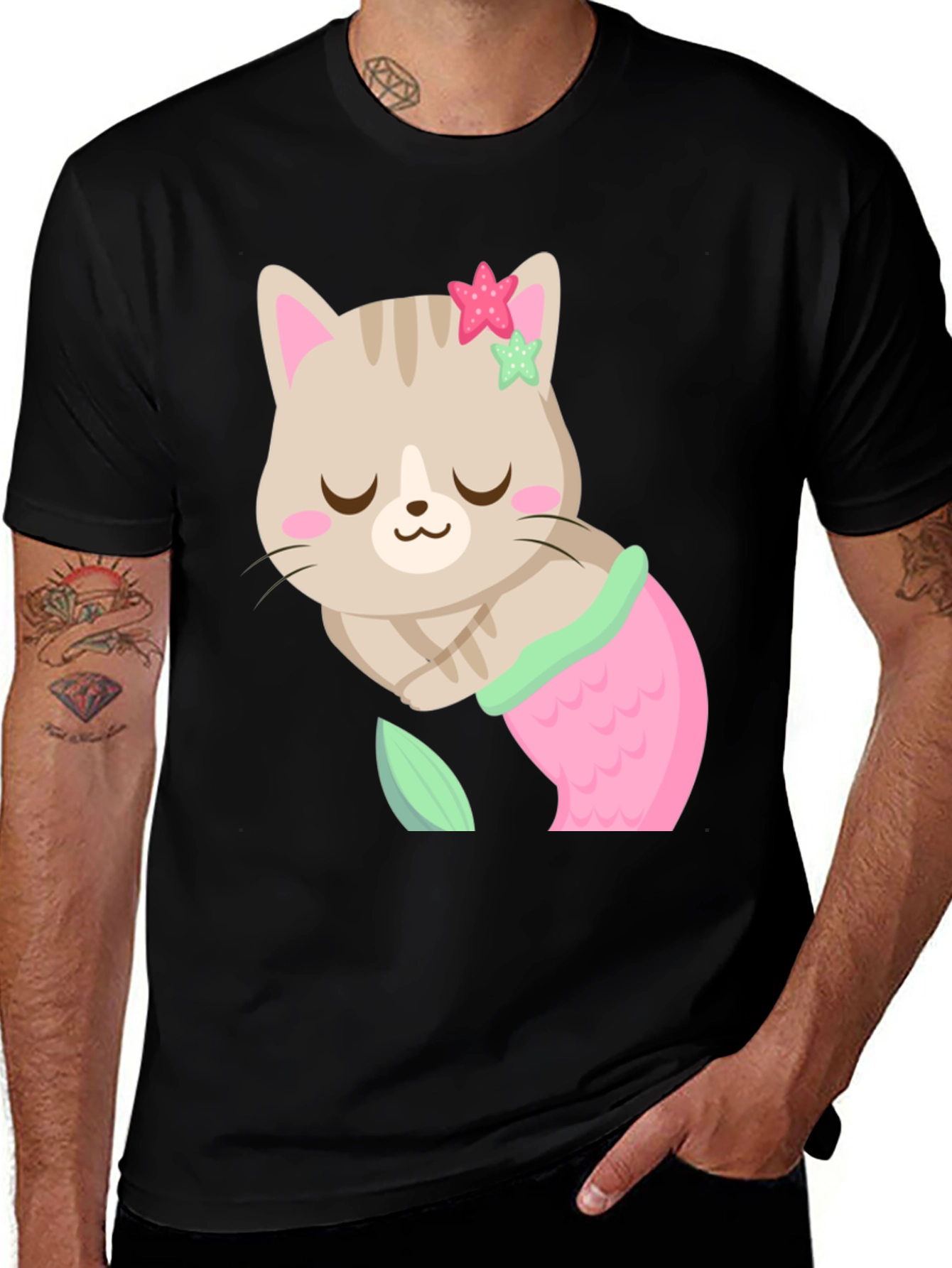 Variant 11 of Cute Mermaid Cat Graphic Tee - Black Cotton T-Shirt