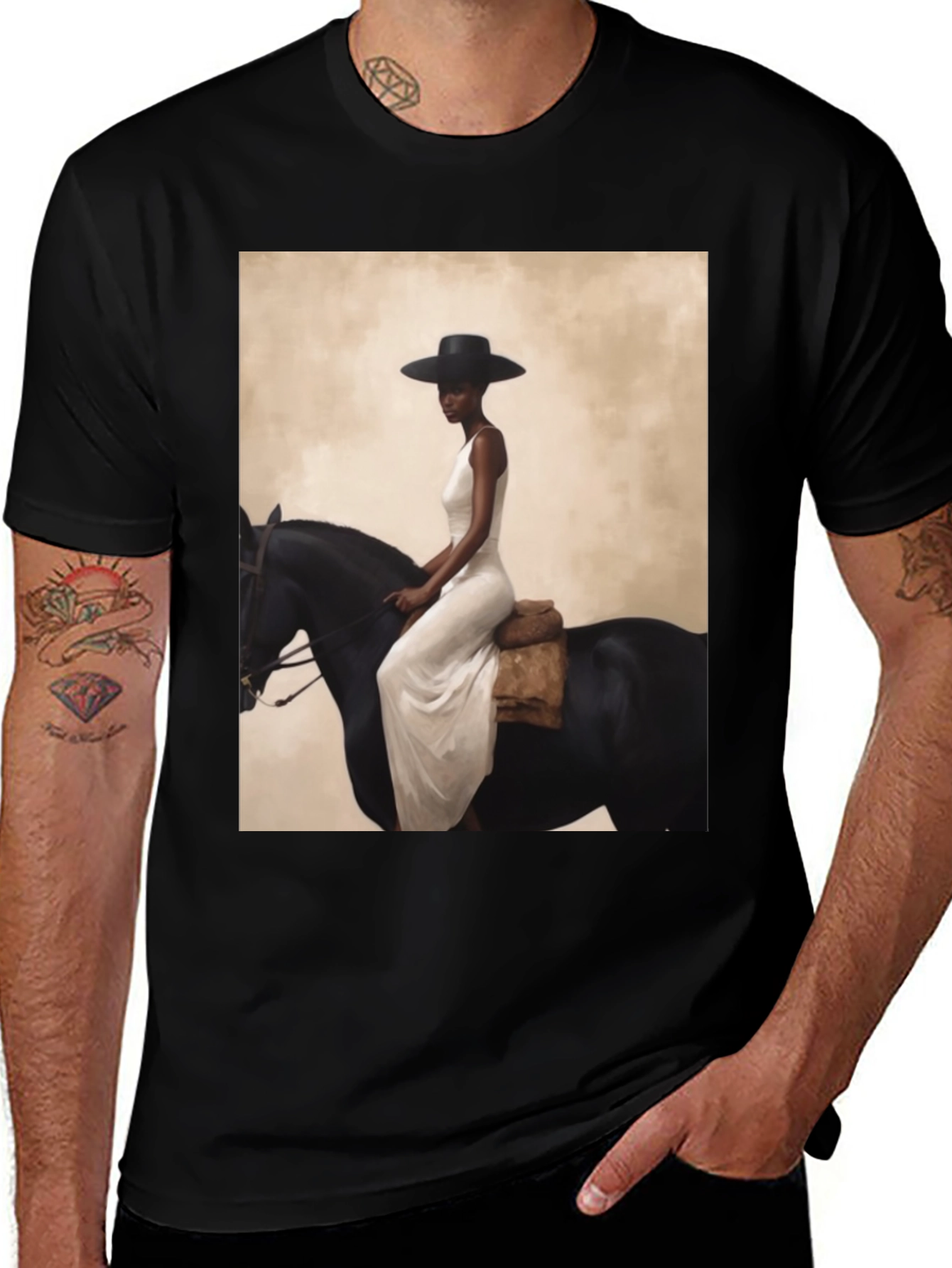 Variant 20 of Elegant Woman on Horseback Graphic Tee - Black