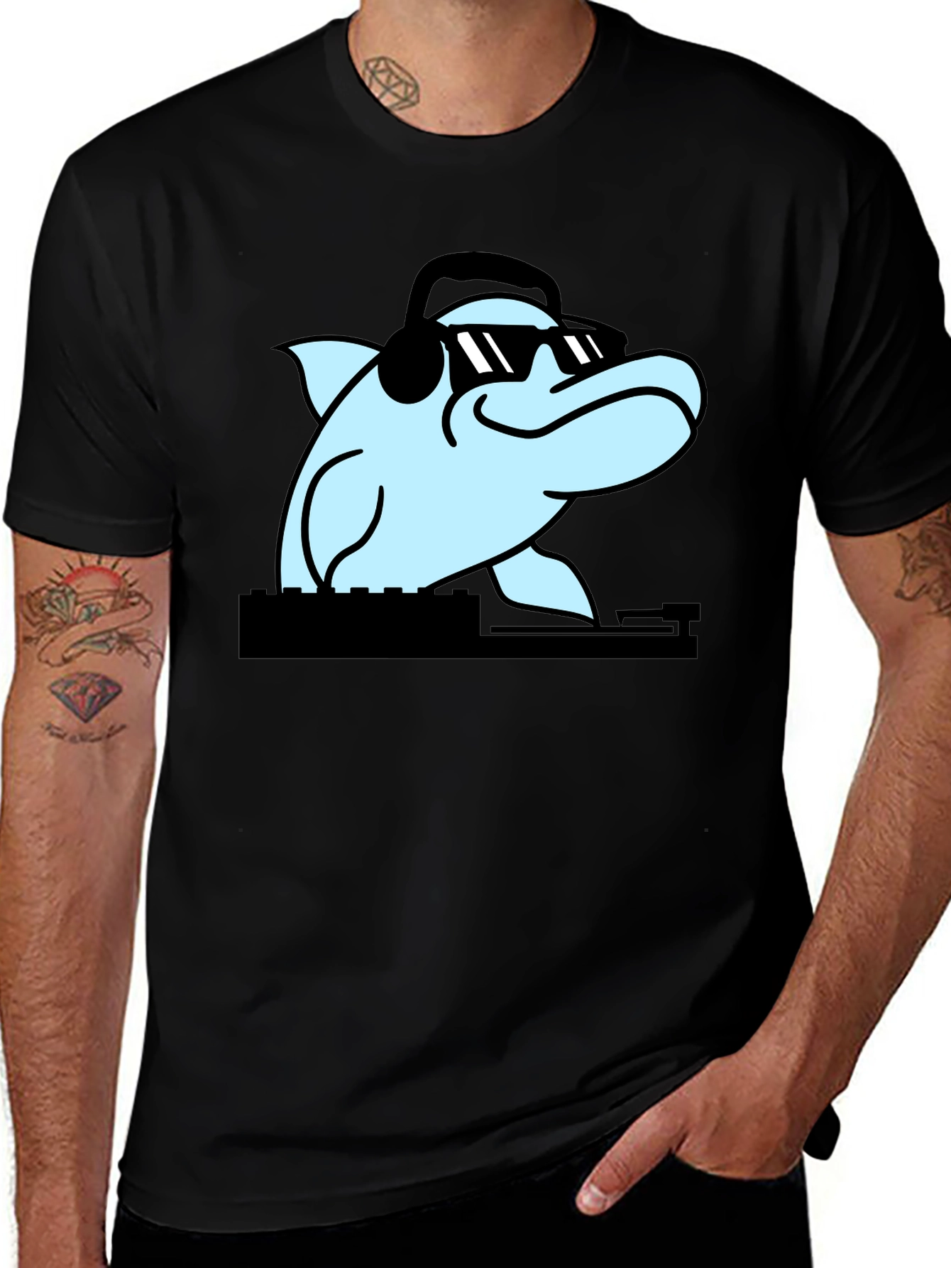 DJ Dolphin Graphic Tee - Black Cotton Blend T-Shirt