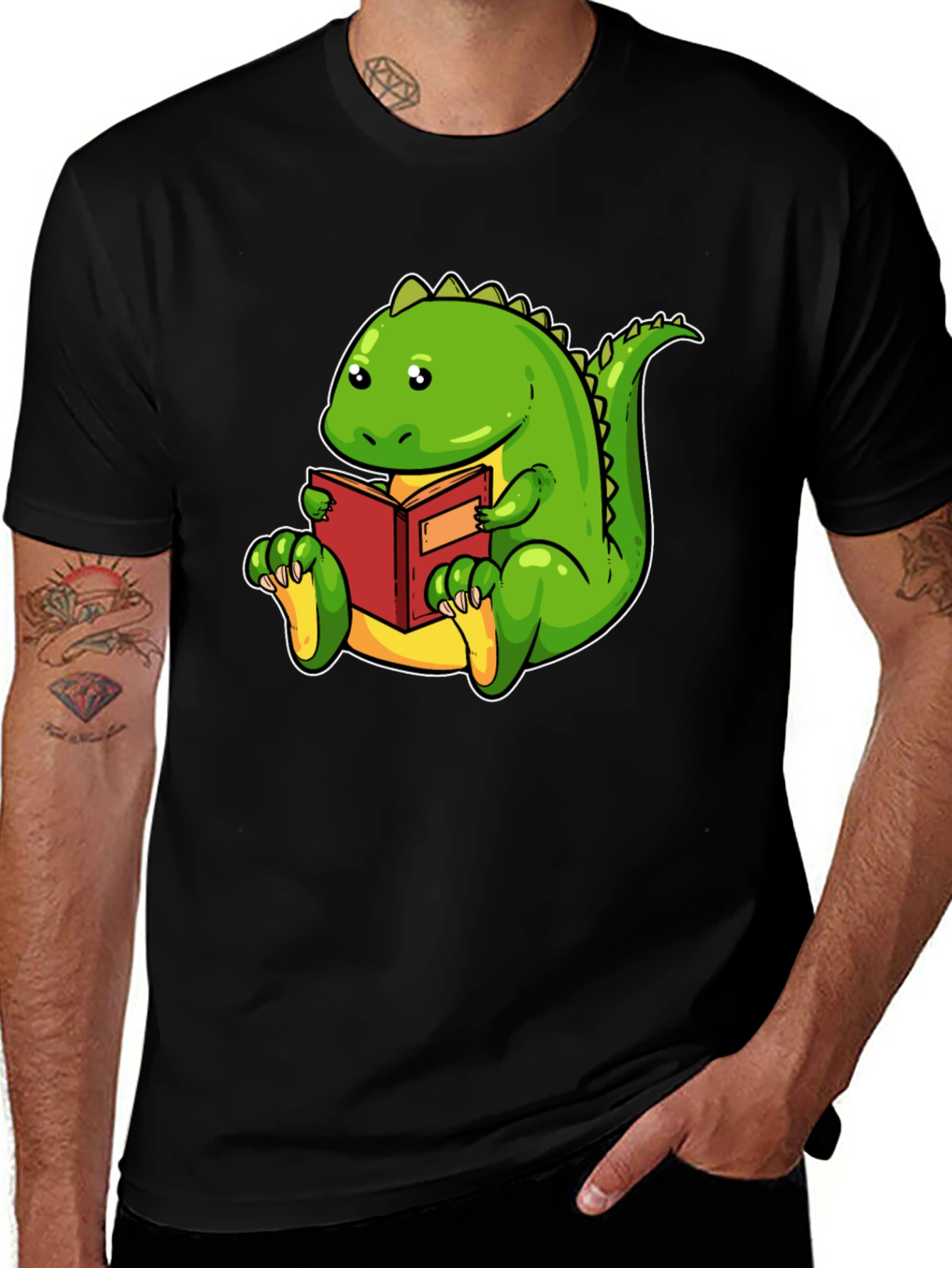 Black Dinosaur Reading Book Black T-Shirt main image