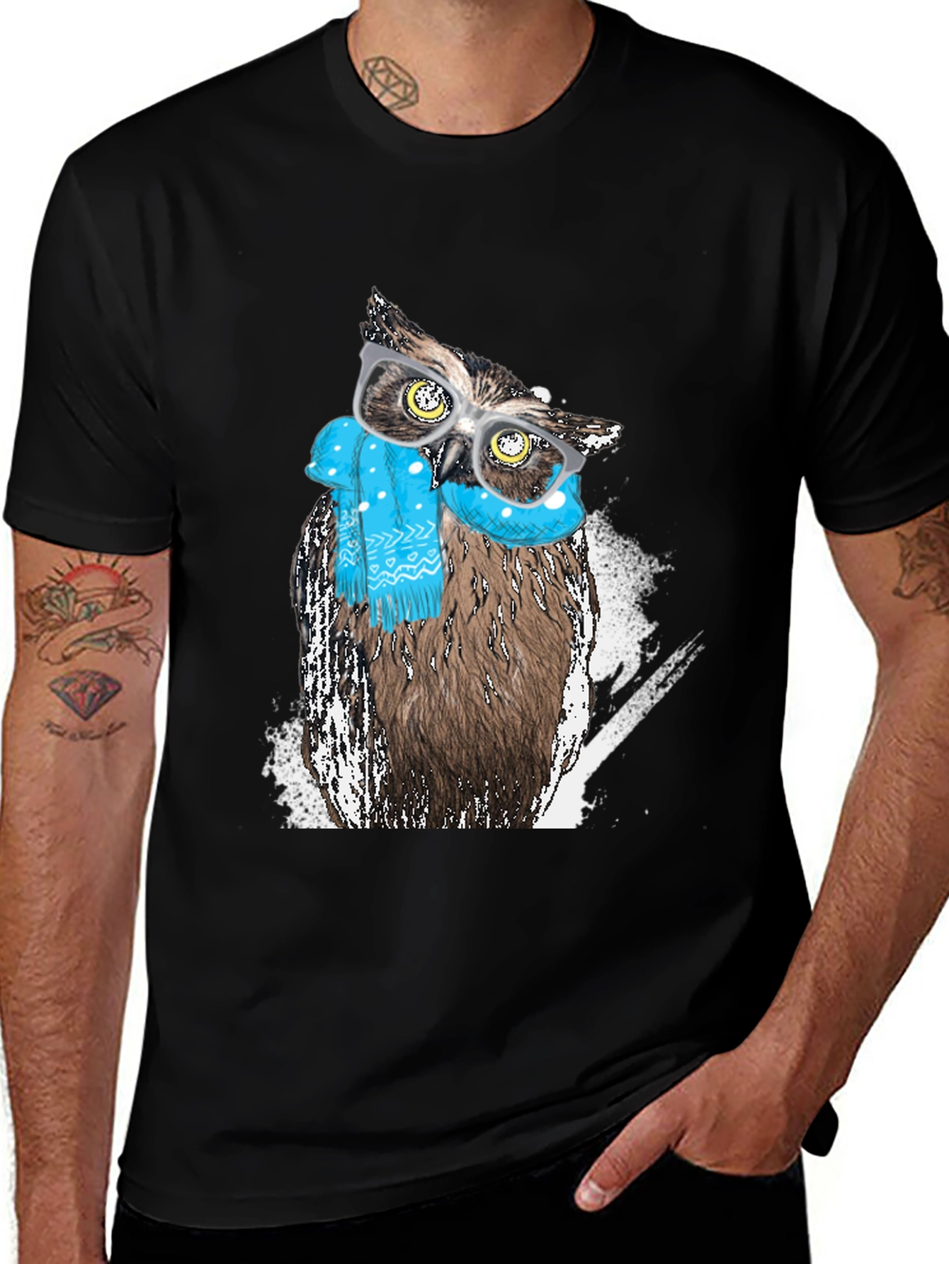 Black Owl with Glasses Graphic Print T-Shirt main image