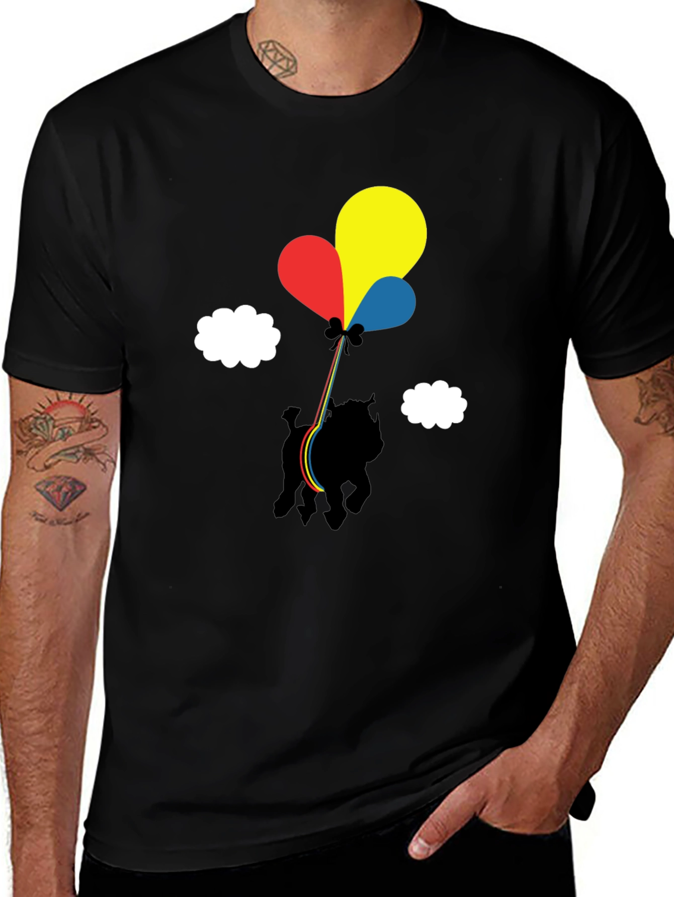 Variant 29 of Dog with Balloons Graphic Tee - Casual Black T-Shirt