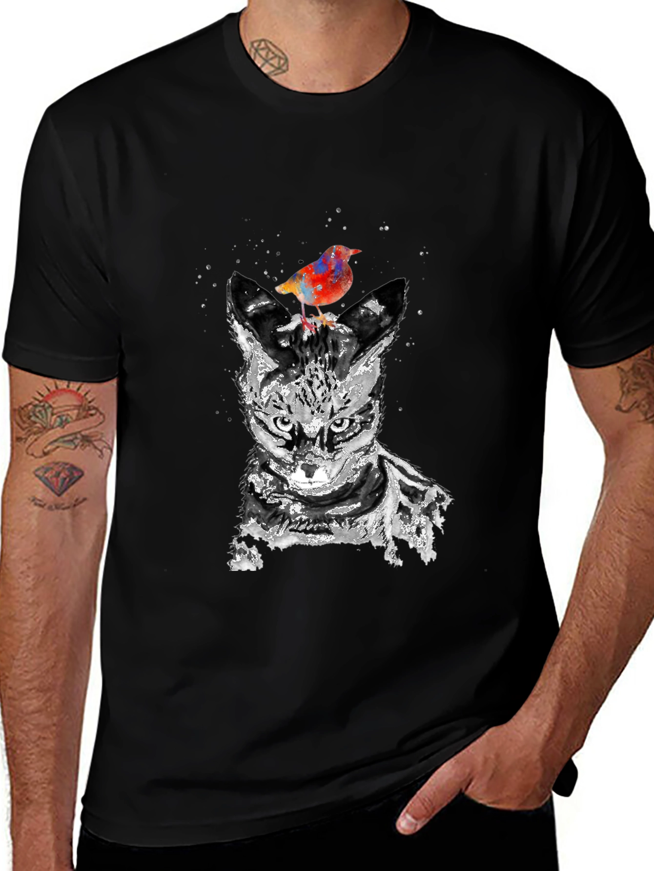 Variant 28 of Cat & Bird Watercolor Graphic T-Shirt