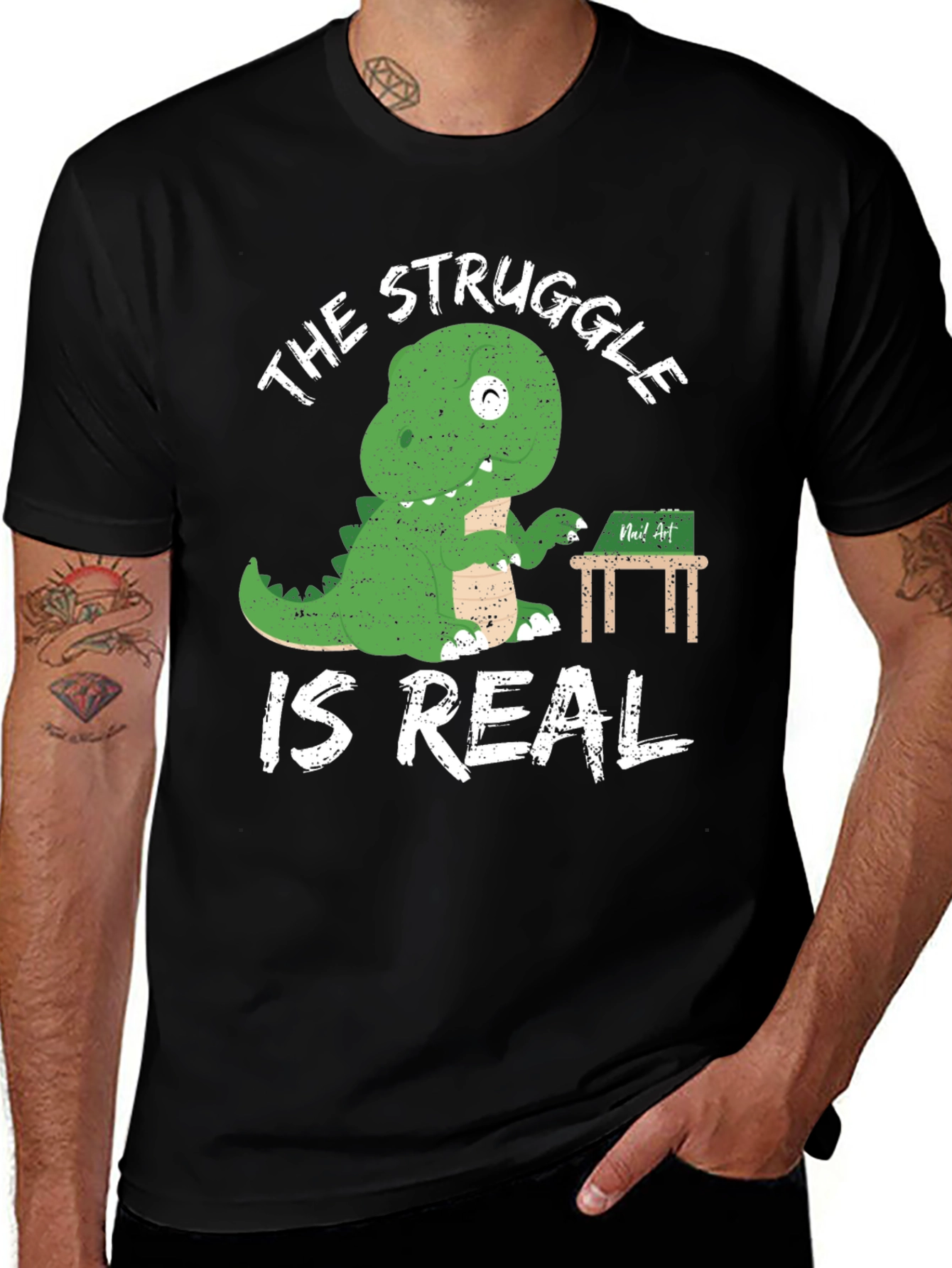 Variant 9 of Dino Struggle is Real Black Graphic Tee
