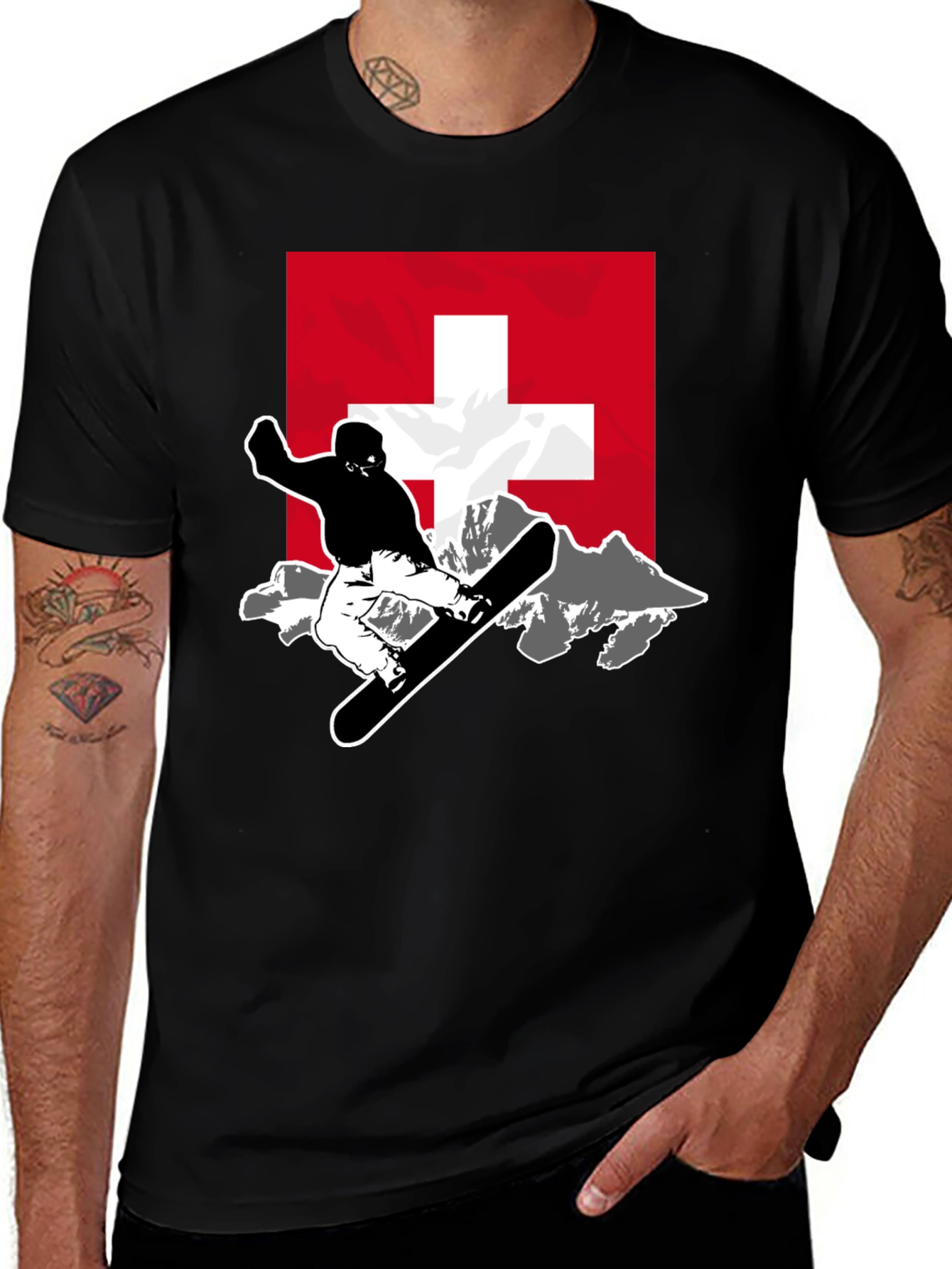 Variant 18 of Swiss Snowboarder Graphic Tee - Black Cotton Blend
