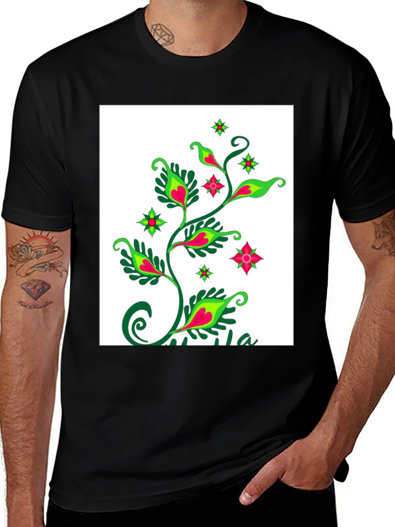 Variant 3 of Black T-Shirt with Floral Plant Design