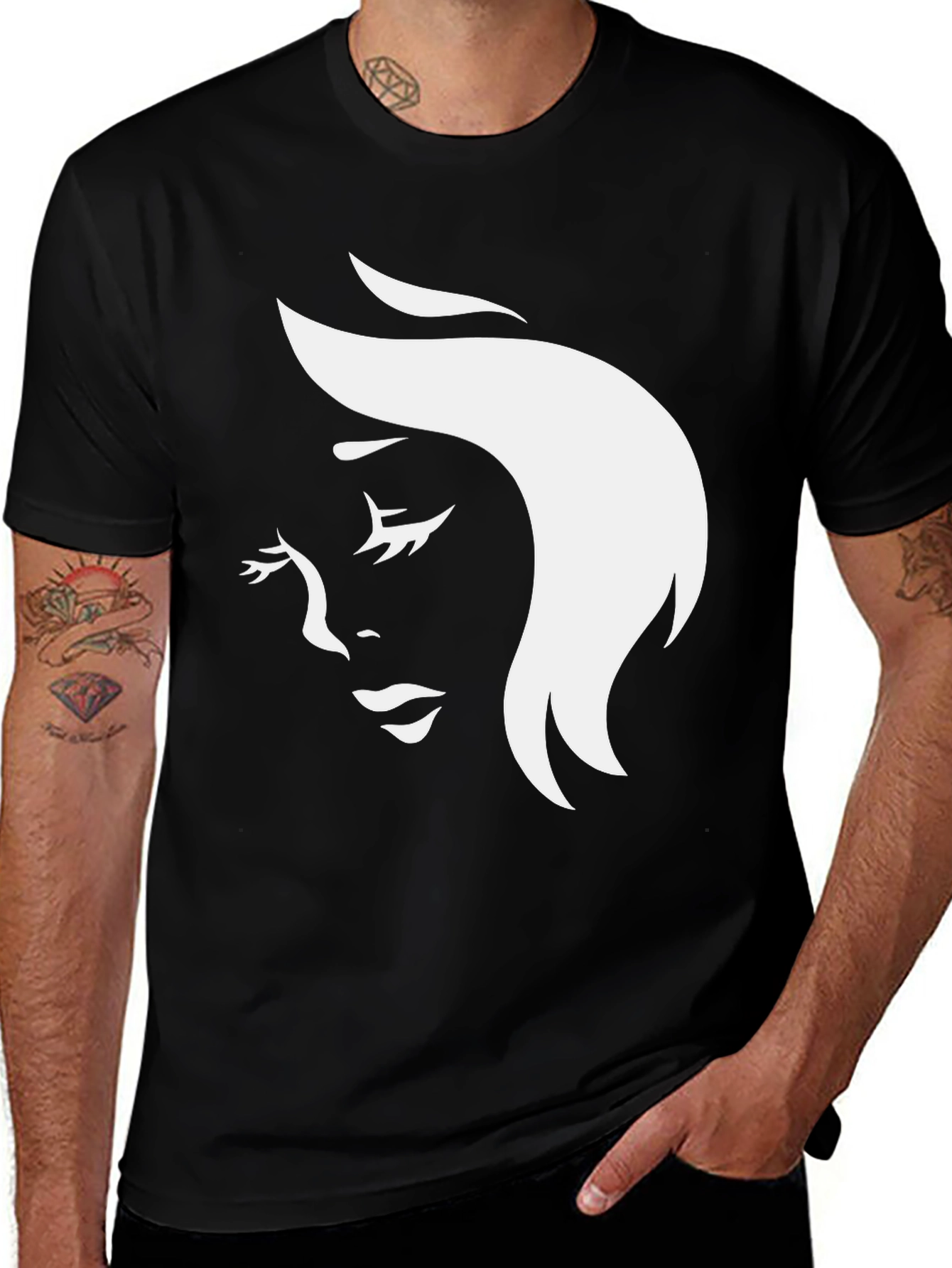 Black T-Shirt with Elegant Woman Face Graphic