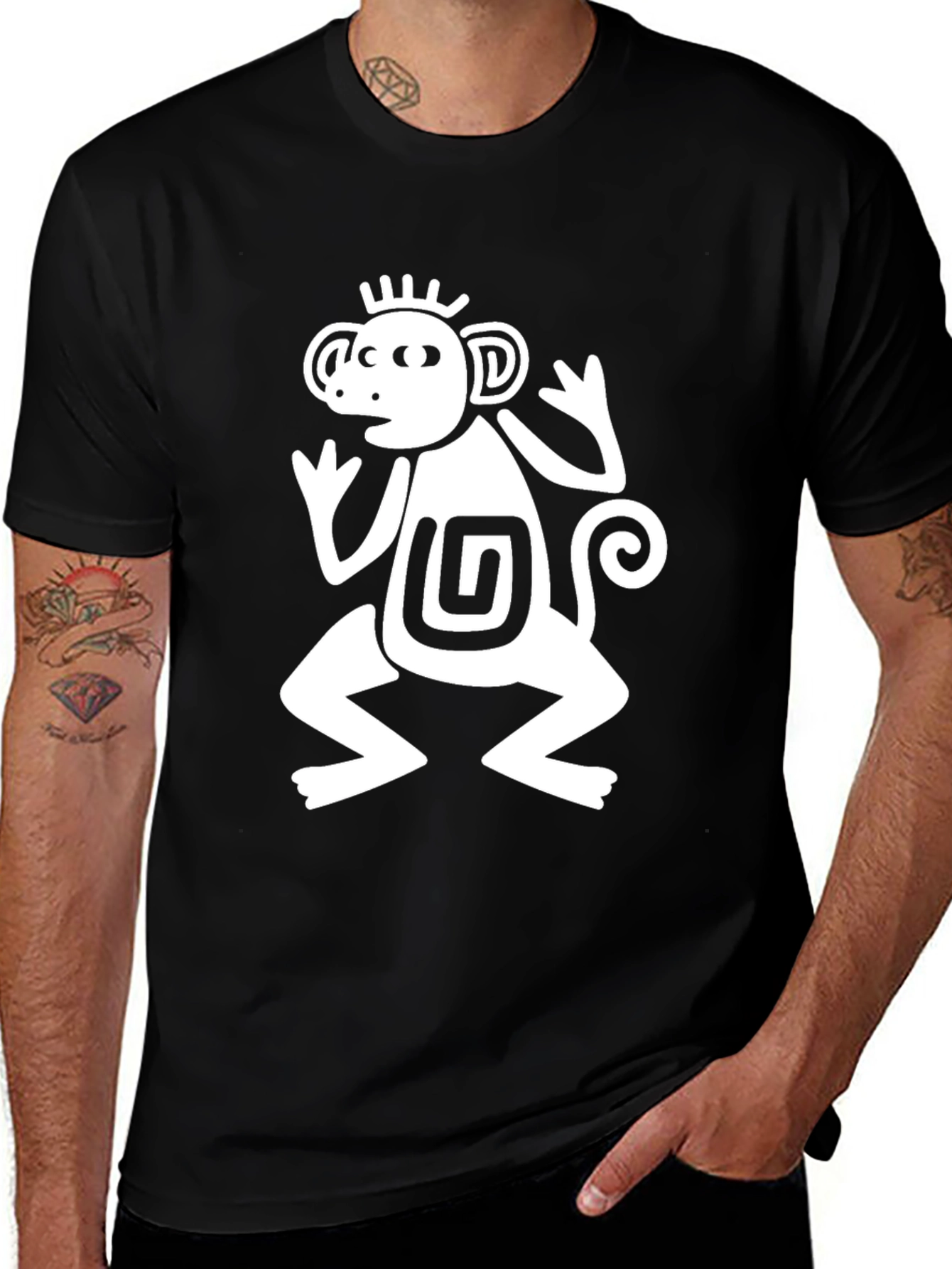 Variant 23 of Aztec Monkey Graphic T-Shirt - Black Crew Neck Tee