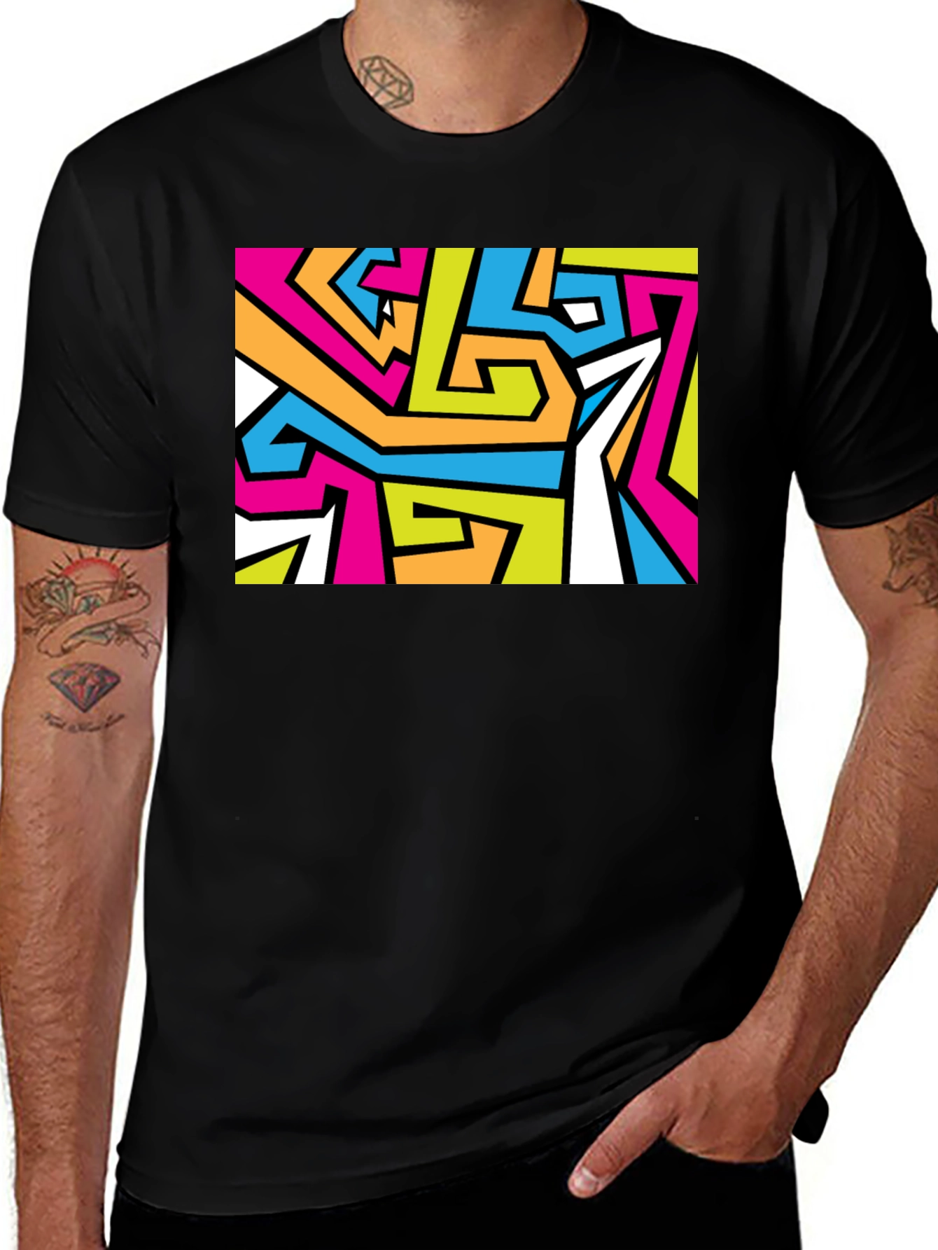 Variant 19 of Abstract Geometric Print Black T-Shirt