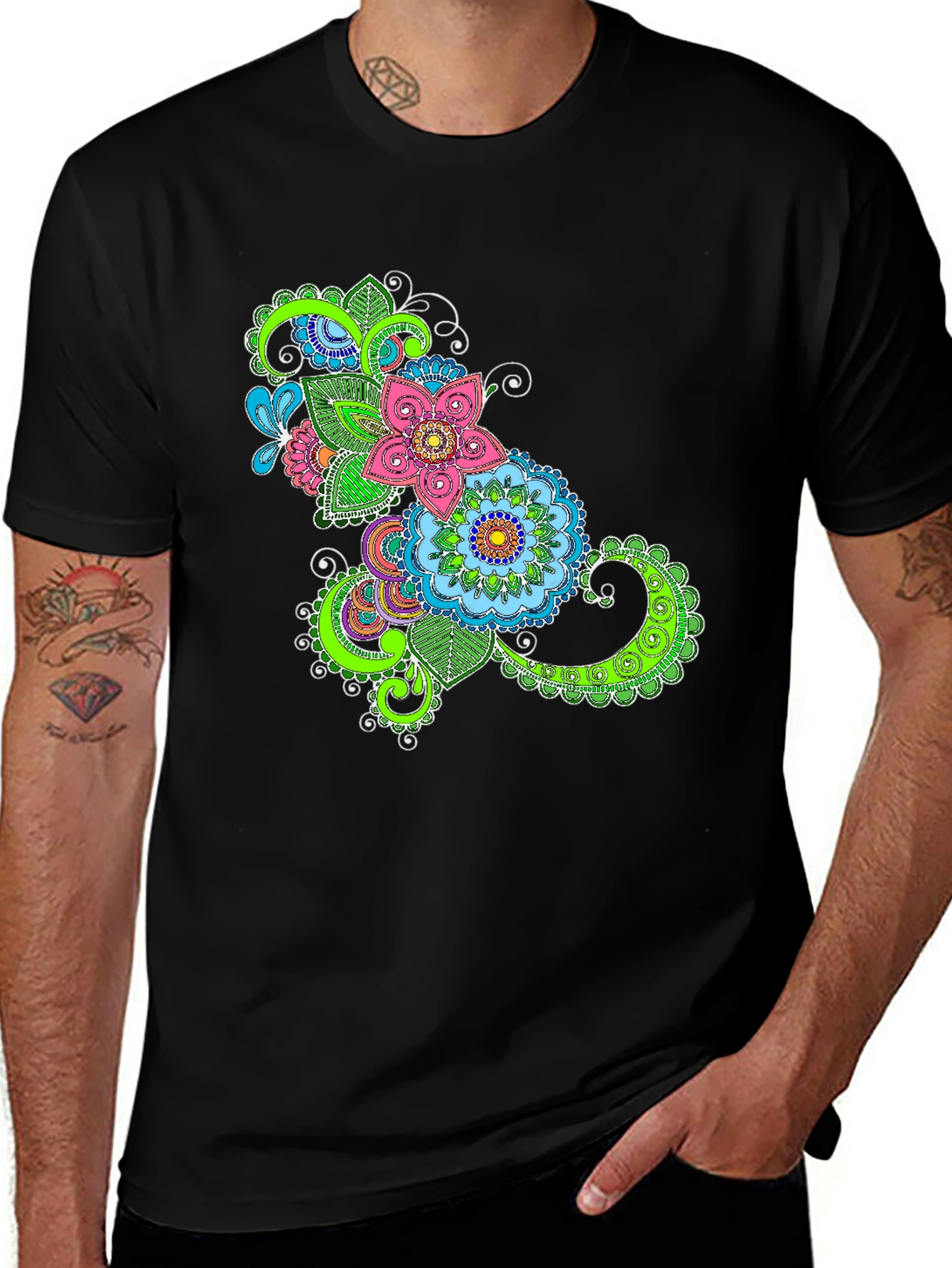 Variant 27 of Vibrant Floral Print Black T-Shirt