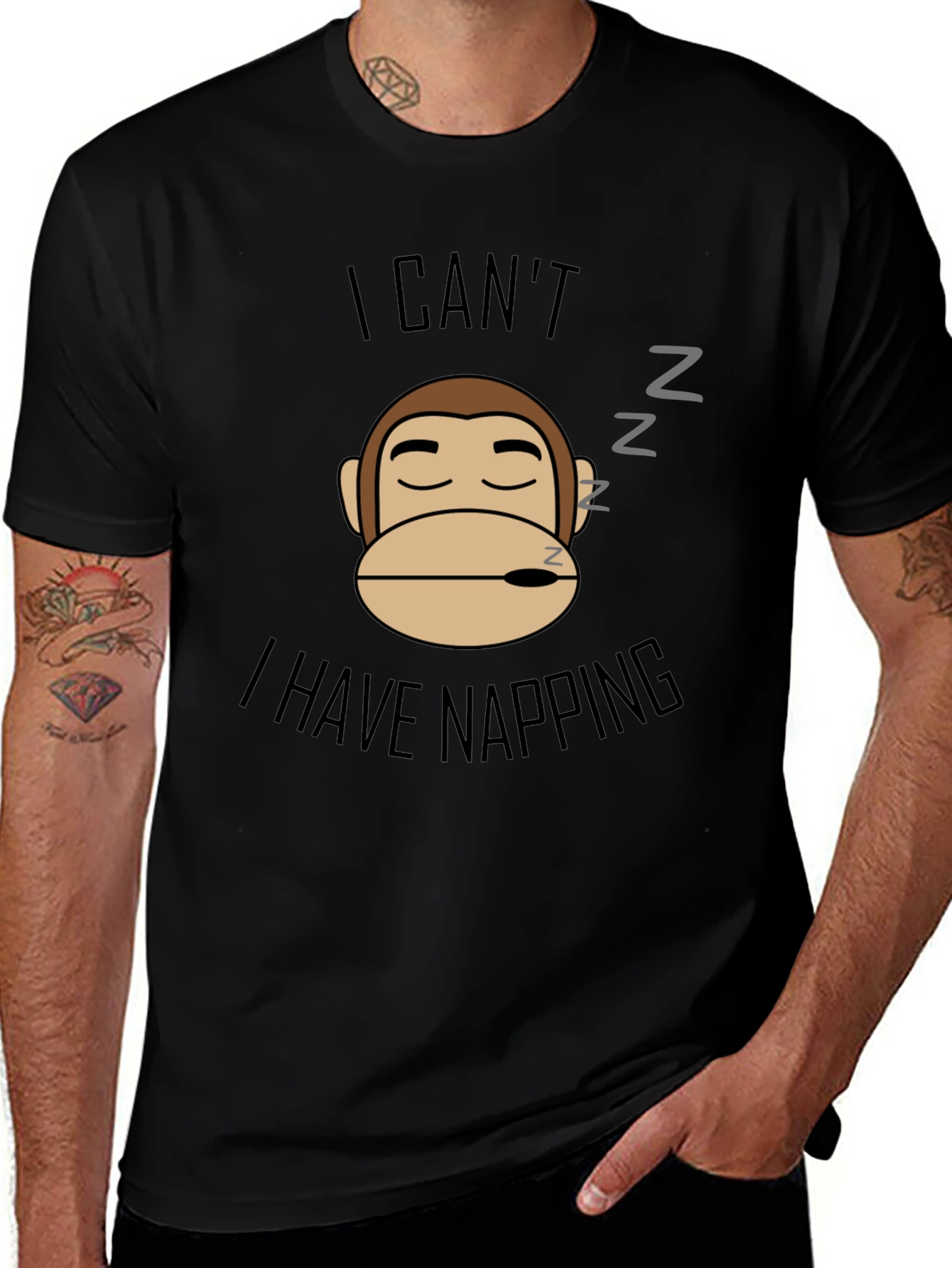Napping Monkey Graphic Tee - Black Cotton Casual T-Shirt