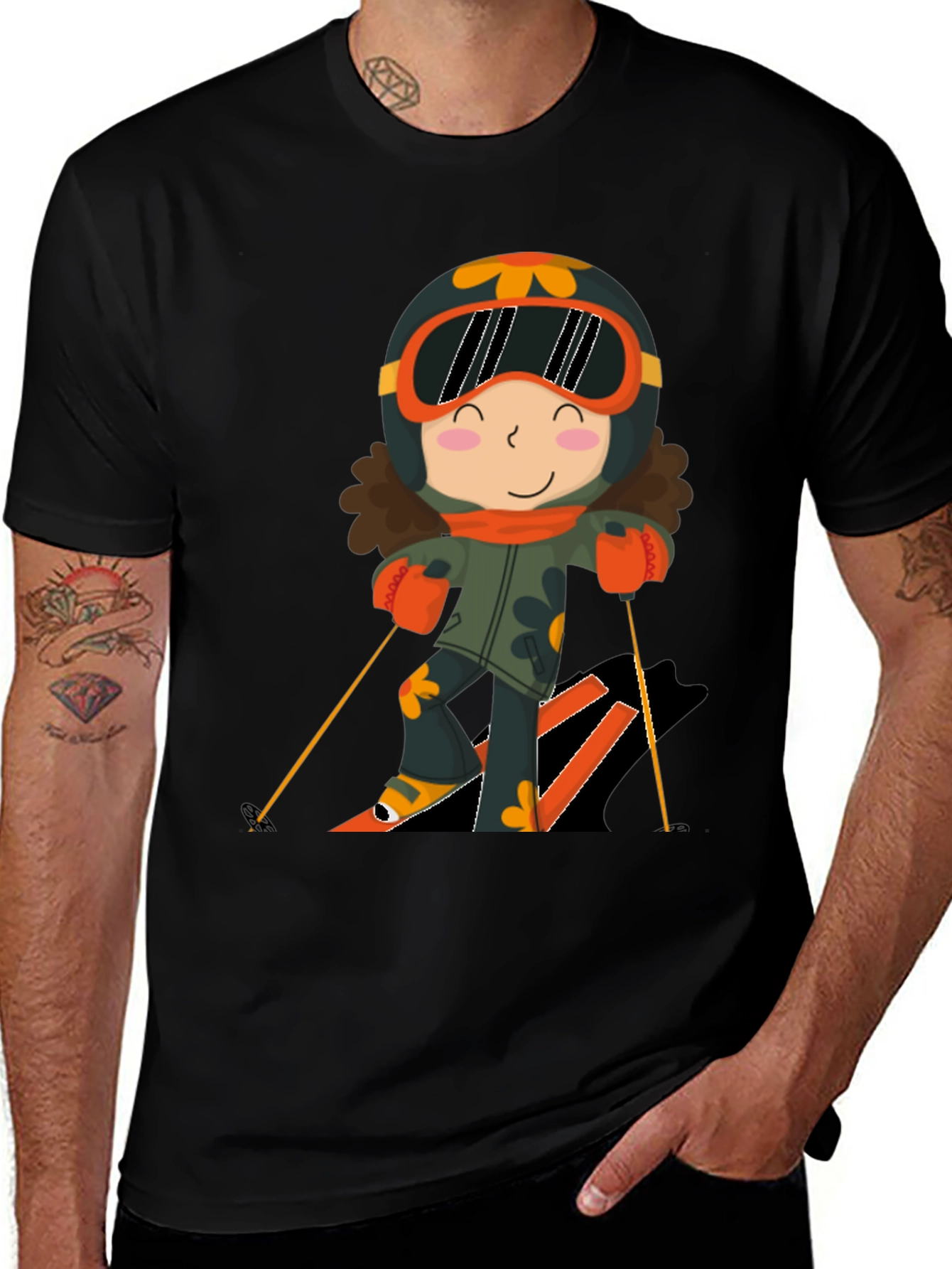 Variant 25 of Cartoon Skier Black T-Shirt