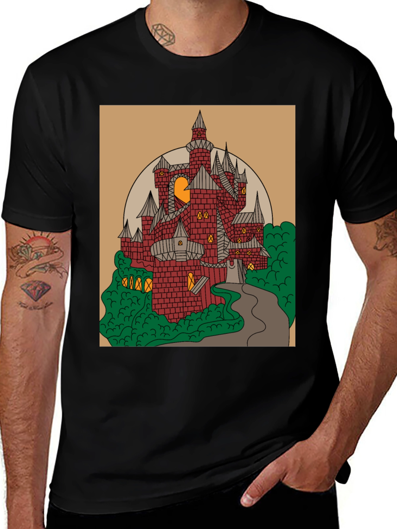 Variant 24 of Whimsical Castle Graphic Tee - Black Cotton Blend
