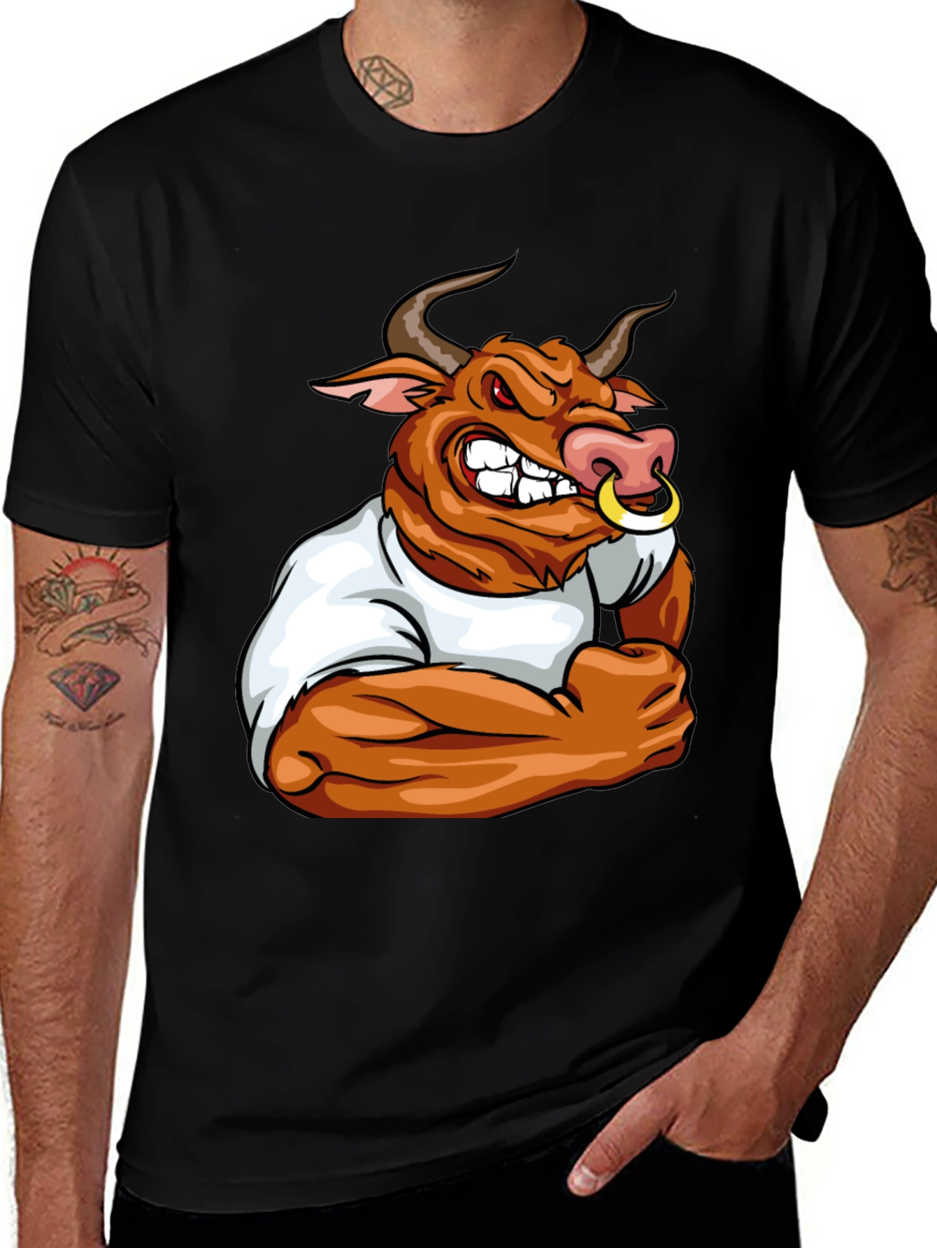 Variant 27 of Bull Cartoon Graphic Print Black T-Shirt