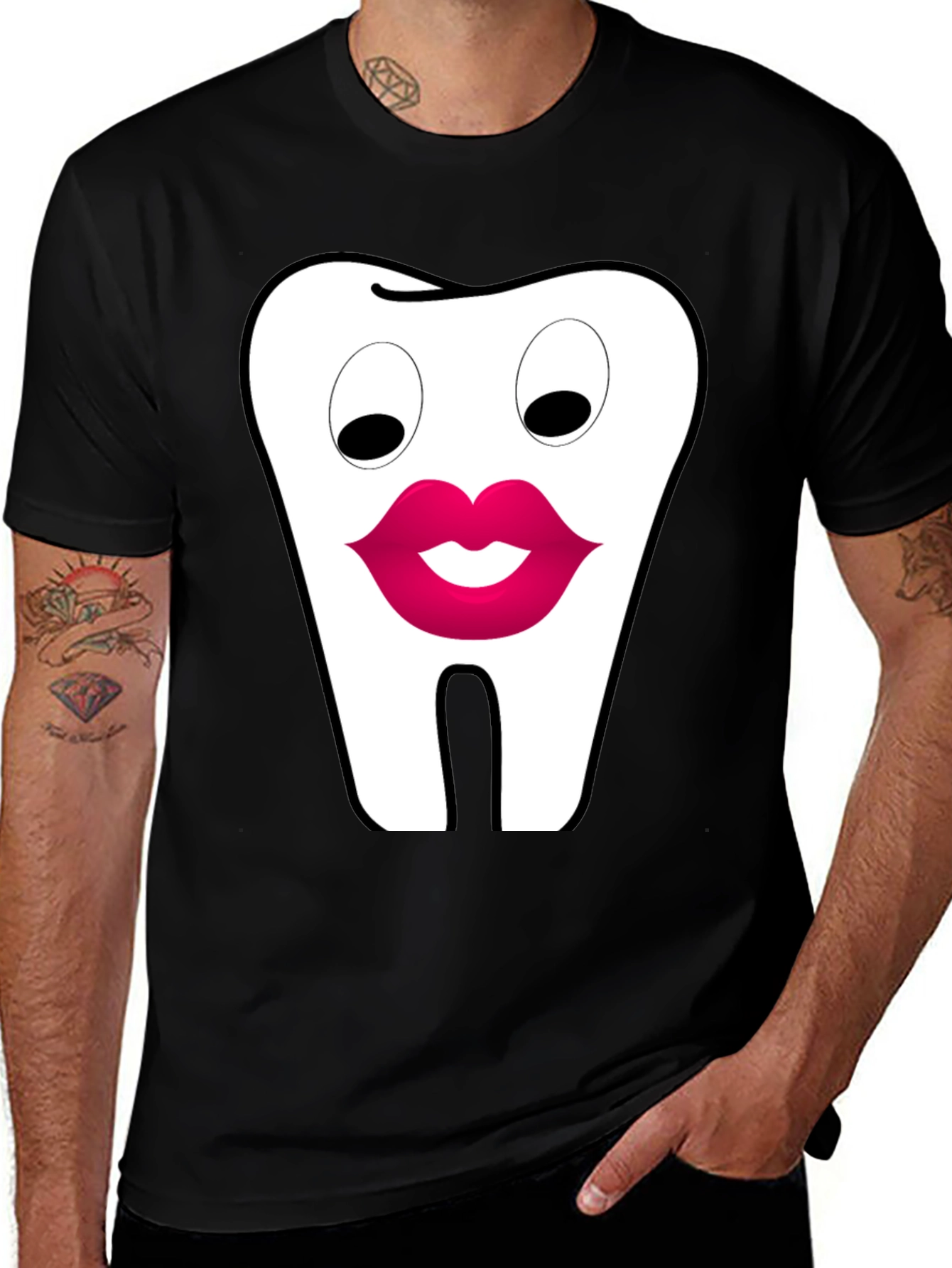 Variant 6 of Funny Tooth Lips Graphic Tee - Black Cotton T-Shirt