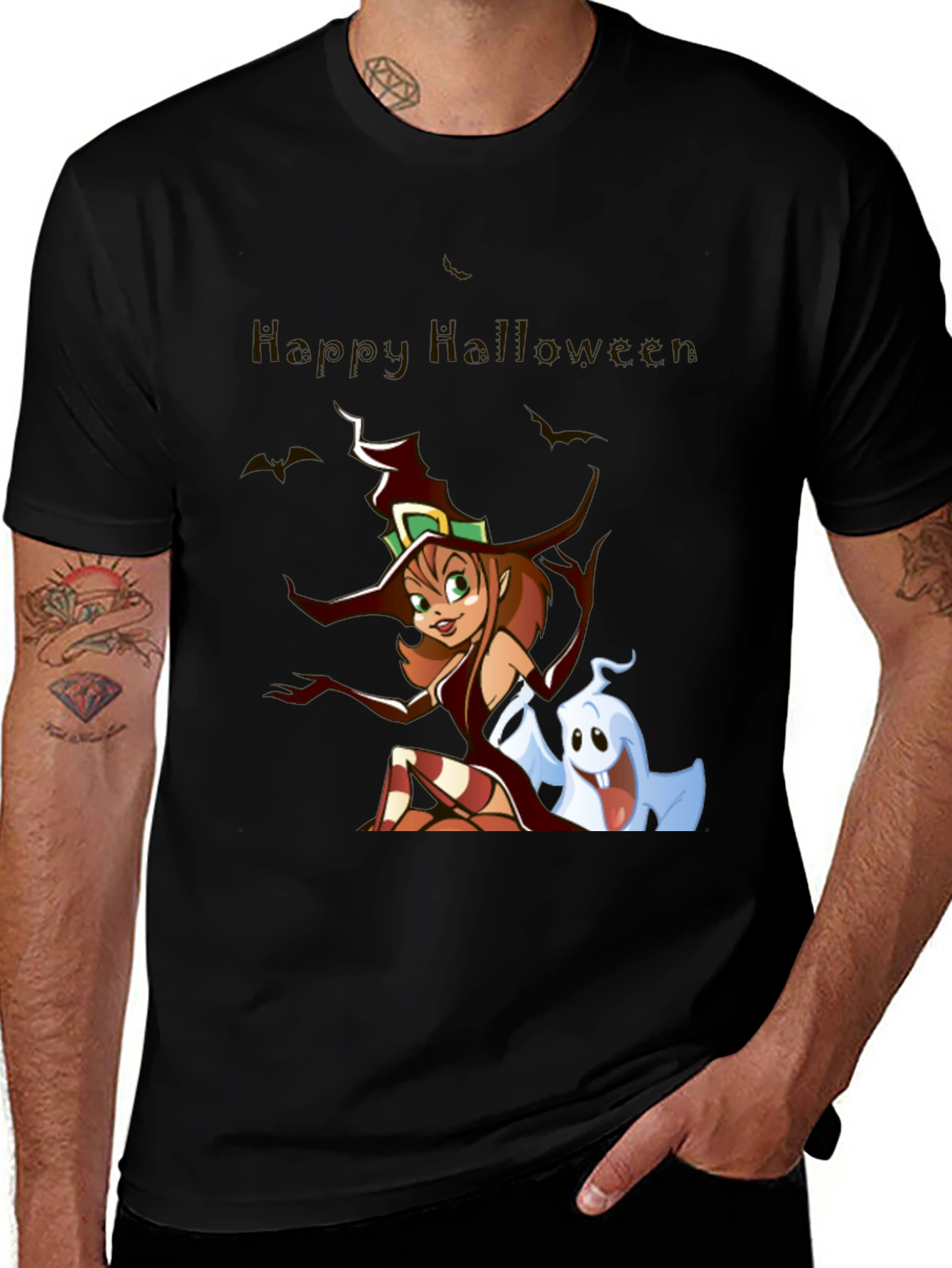 Variant 20 of Happy Halloween Witch & Ghost Black T-Shirt