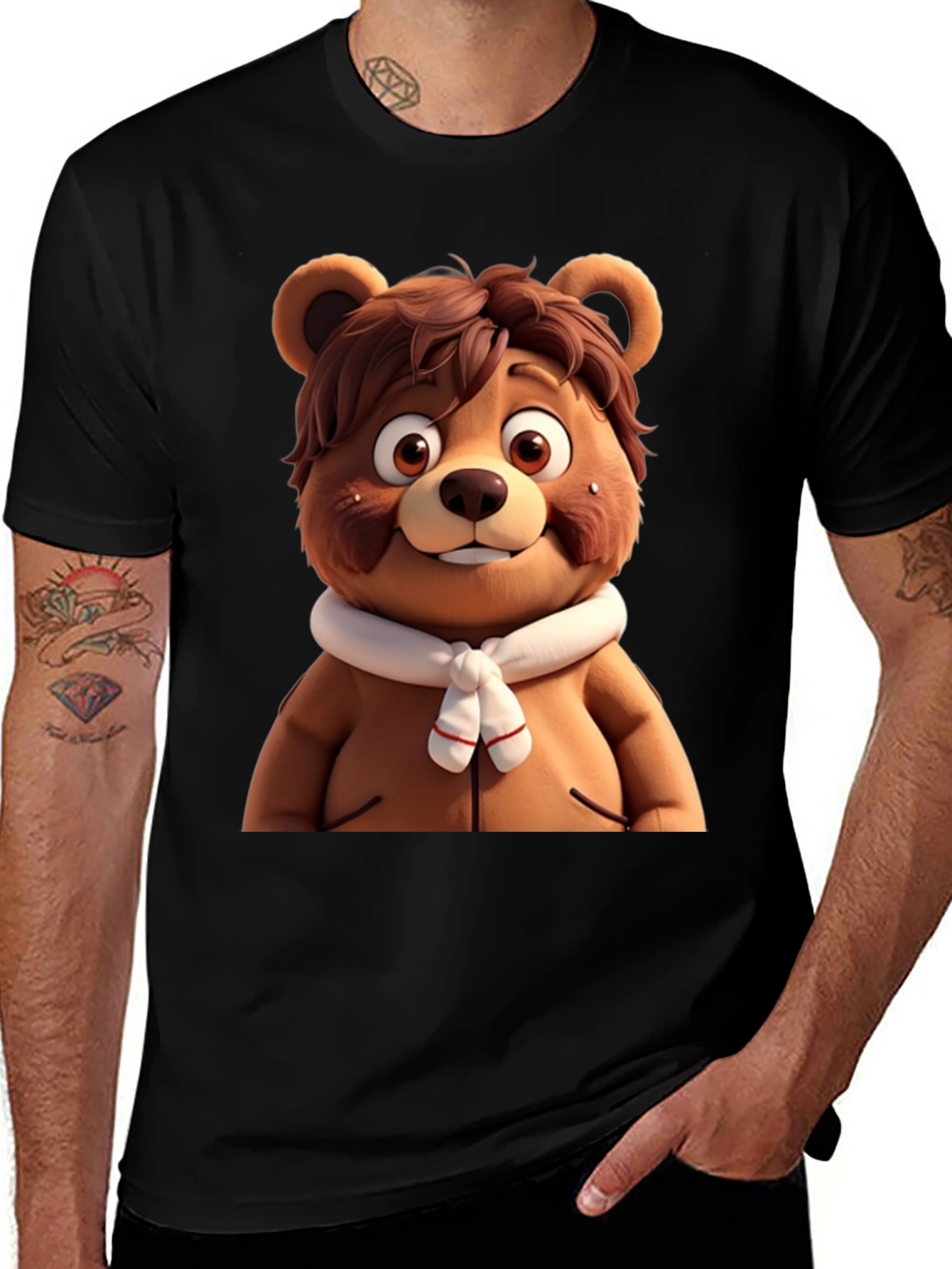 Variant 13 of Cartoon Bear Graphic Tee - Black Cotton Blend